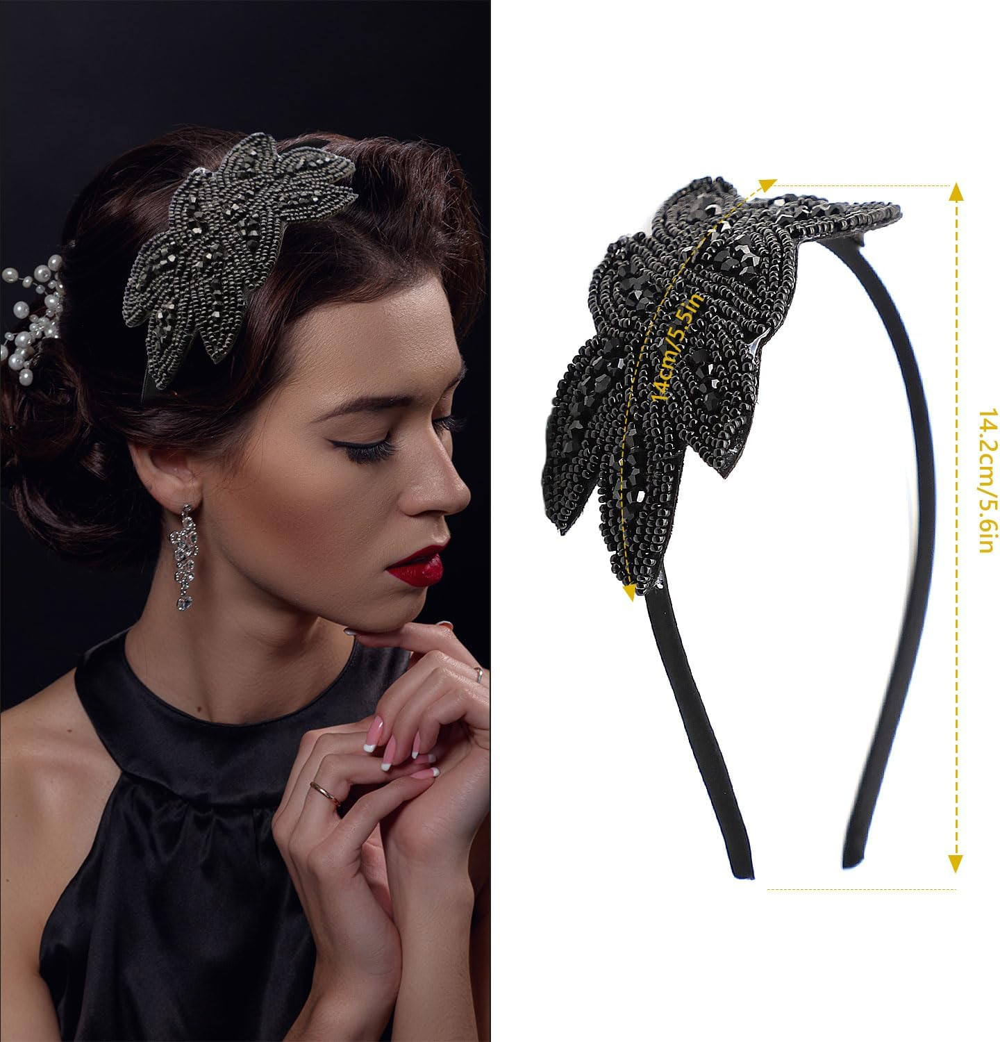 Dohia 1920S Headbands for Women 1920S Flapper Headbands Vintage Headpiece Rhinestone Beaded Leaf Hairband Hair Accessory D2-FGSJFG (Black) image number 4