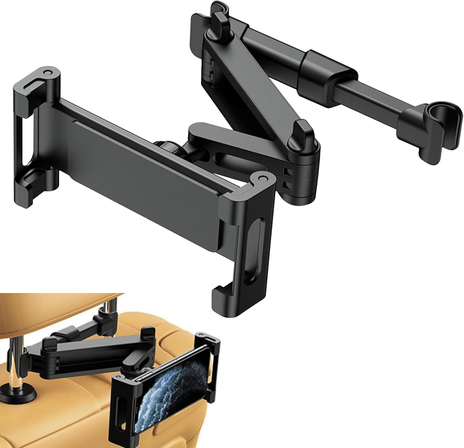 Car Headrest Tablet Holder, Ipad Car Mount Back Seat - 360&deg; Rotating Adjustable, Universal for 5-11" Tablets/Phones, Stretchable Fit for Ipad, Samsung, Phone, Backseat Headrest Mount (Black) image number 3