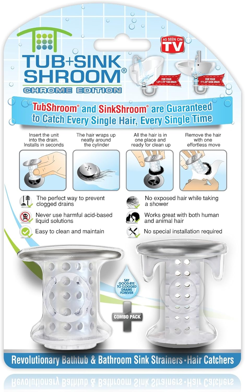 Tubshroom and Sinkshroom Drain Protectors Hair Catchers for Bathtubs and Sinks, Chrome
