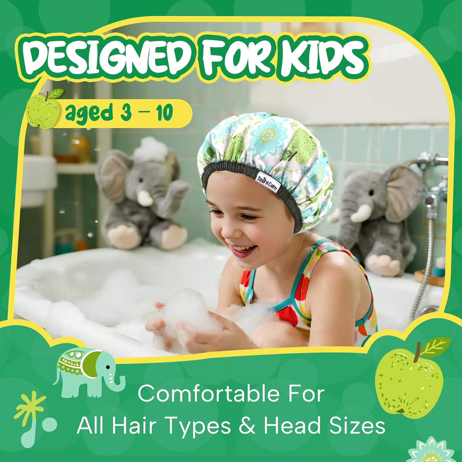 Years Calm Kids Shower Cap, Waterproof Reusable Cartoon Bath Cap with Double Layers & Soft Elastic Band, Washable Shower Hat for Boys and Girls, Great for Daily Bath (Elephant, One Size) - Elephant image number 4