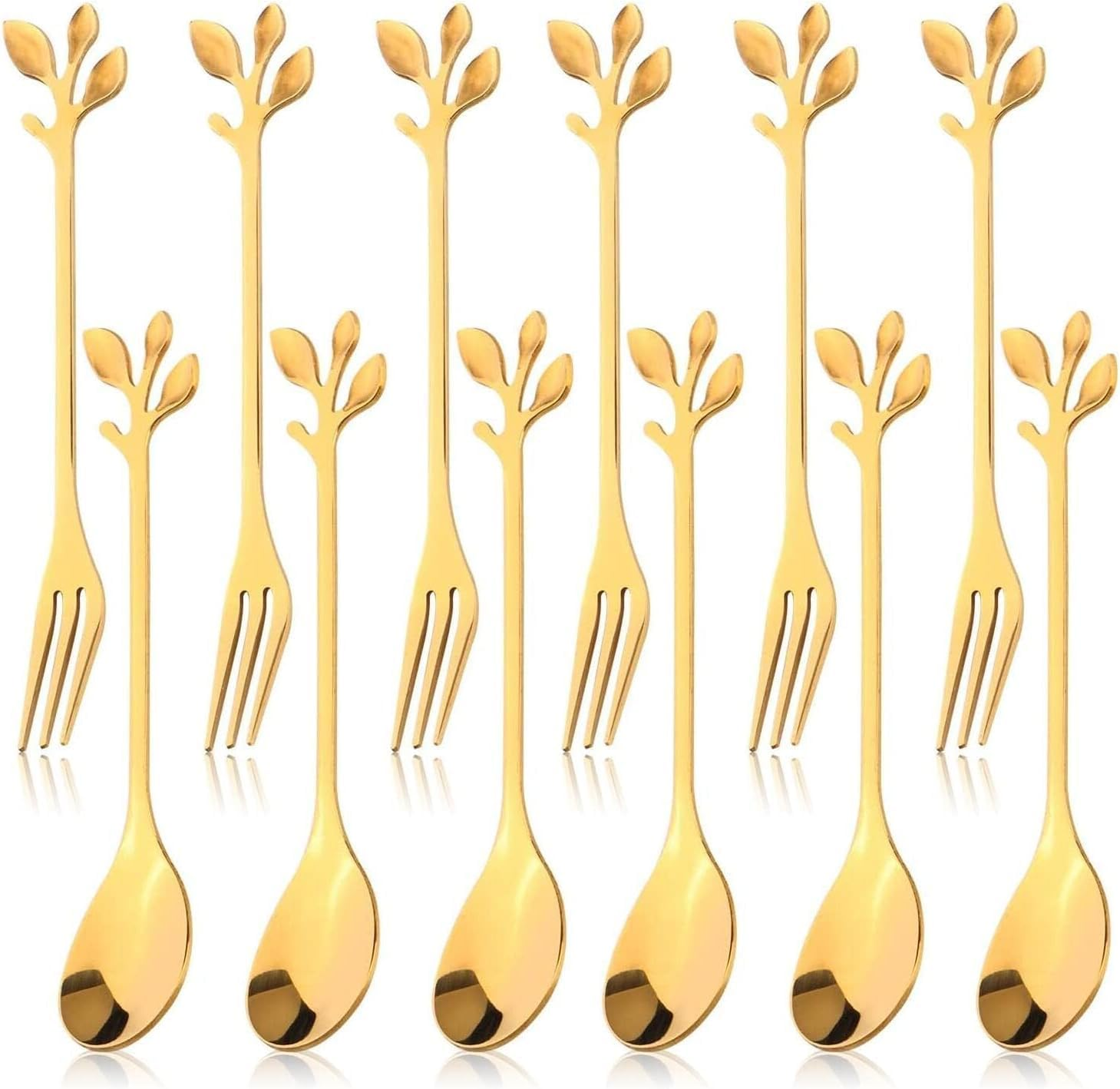 12Pcs Stainless Steel Gold Leaf Coffee Spoon and Cake Fruit Forks, Tableware Dessert Demitasse Ice-Cream Tea Spoons and Forks, Cake, Sugar Coffee Mixing Spoon and Fork Set(6 Forks + 6 Spoons) image number 2