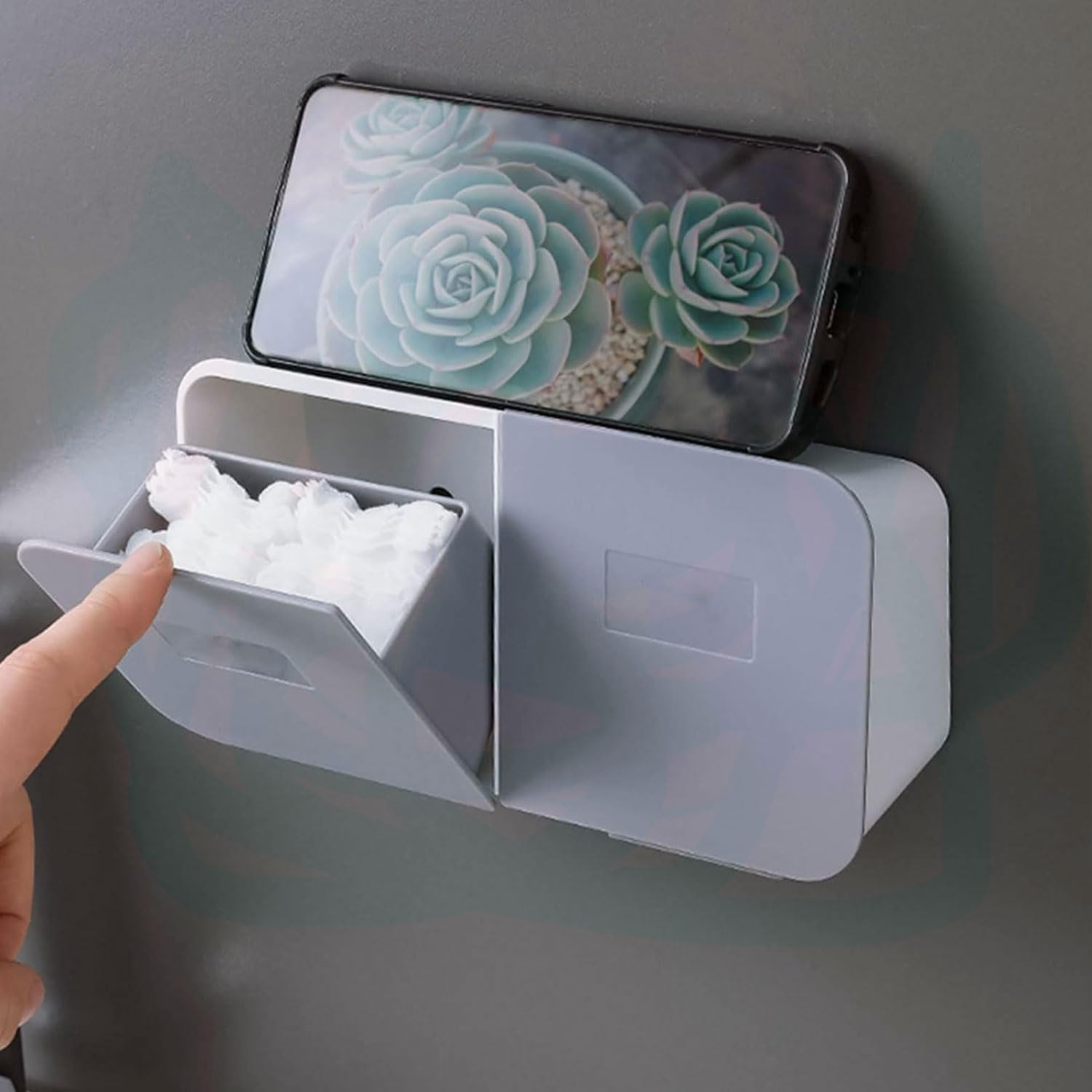 YIRANJIA Wall-Mounted Cotton Swab Holder - Bathroom Vanity Organizer for Cotton Swabs, Rounds & Sponges (White Grey) image number 5