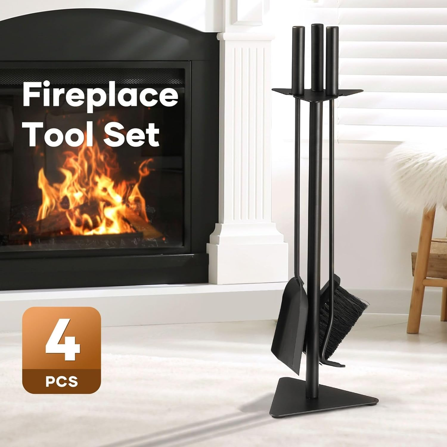 4PCS Fireplace Tool Set Firepit Accessories Poker Fire Shovel Brush Stand Black Cast Iron image number 5