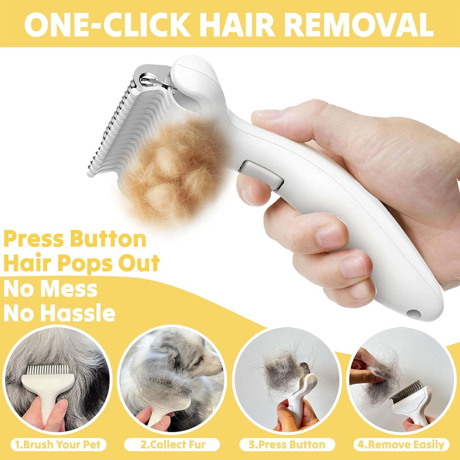 Cat & Dog Grooming Brush &ndash; Dematting Comb & Undercoat Rake for Medium to Long Hair Pets, Easy One-Click Hair Removal image number 4