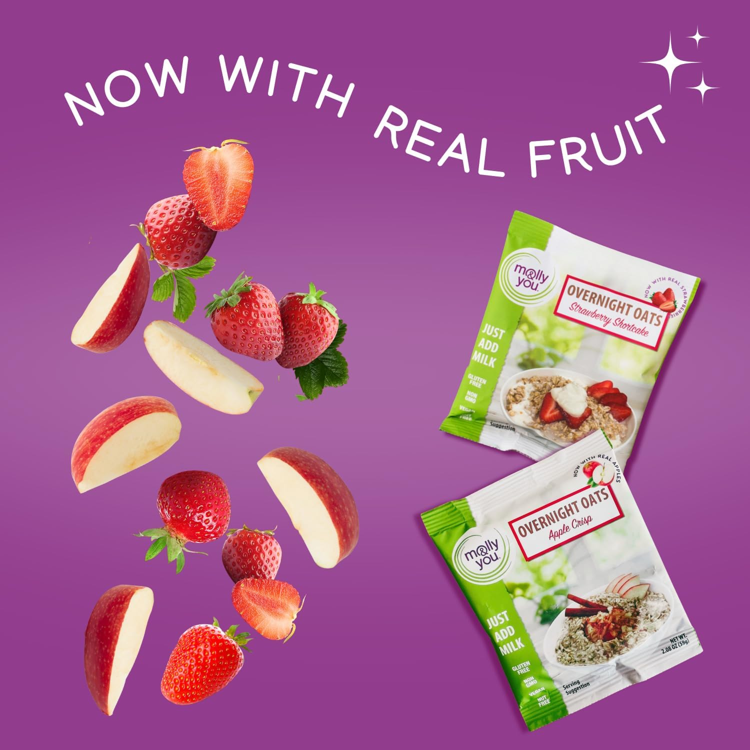 Molly & You Variety Overnight Oats - Apple Crisp, Strawberry Shortcake, Chocolate Chip Banana, Sweet Maple & Brown Sugar (Pack of 6) - Healthy Natural Source of Protein Oatmeal Breakfast, a Vegan image number 5