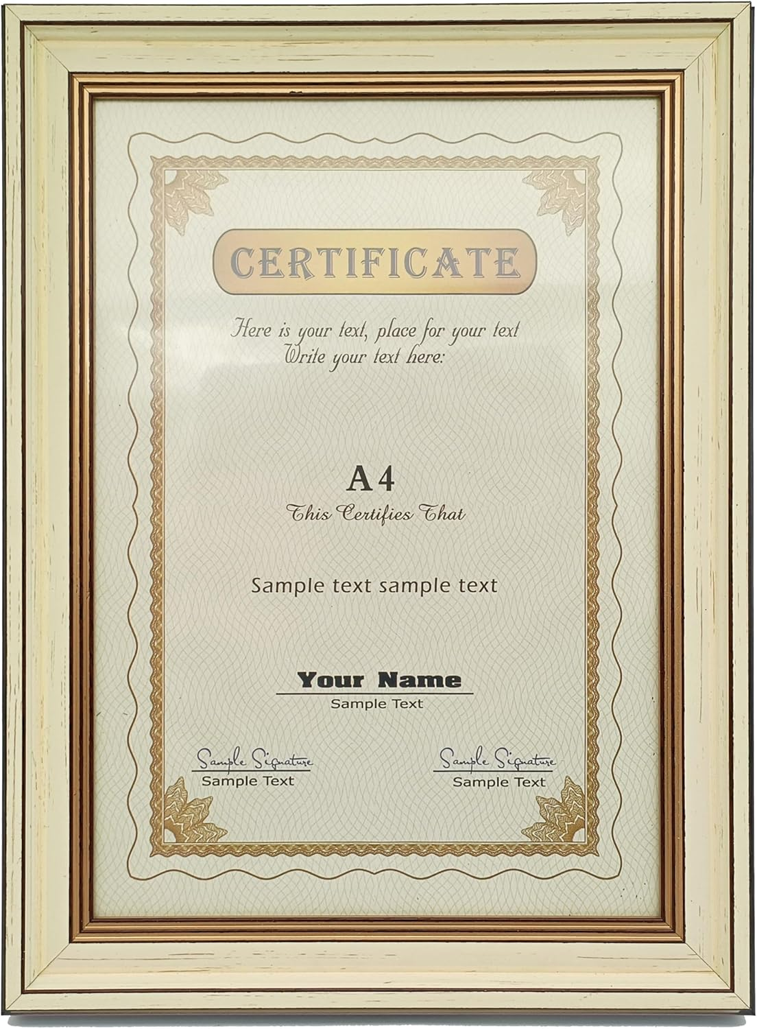 FRAMEWOLD A4 Picture Frames White. 8.3X11.7 Inch Photo. Plastic Panel(Not Glass).Milky White Frame.Gold Decorative Edge.