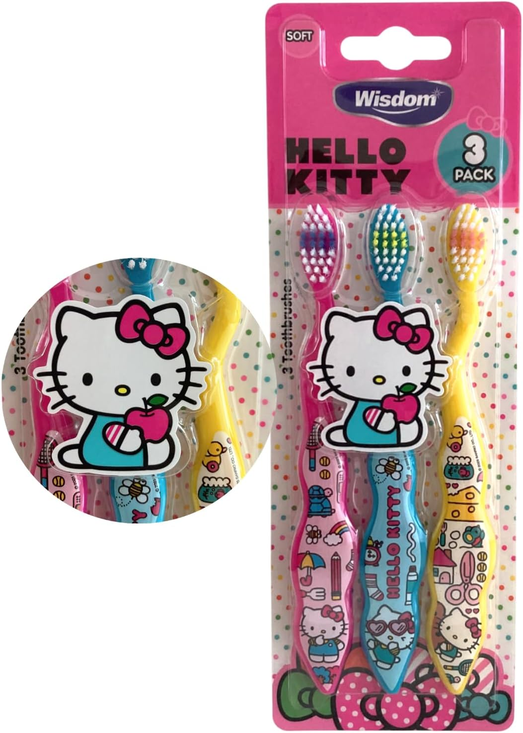 Wisdom Hello Kitty Kids Toothbrush &ndash; Official Licensed Character Design, Soft Bristles for Toddlers, Boys & Girls, Gentle Manual Toothbrush for Children&rsquo;S Dental Care, 3 Pack image number 1