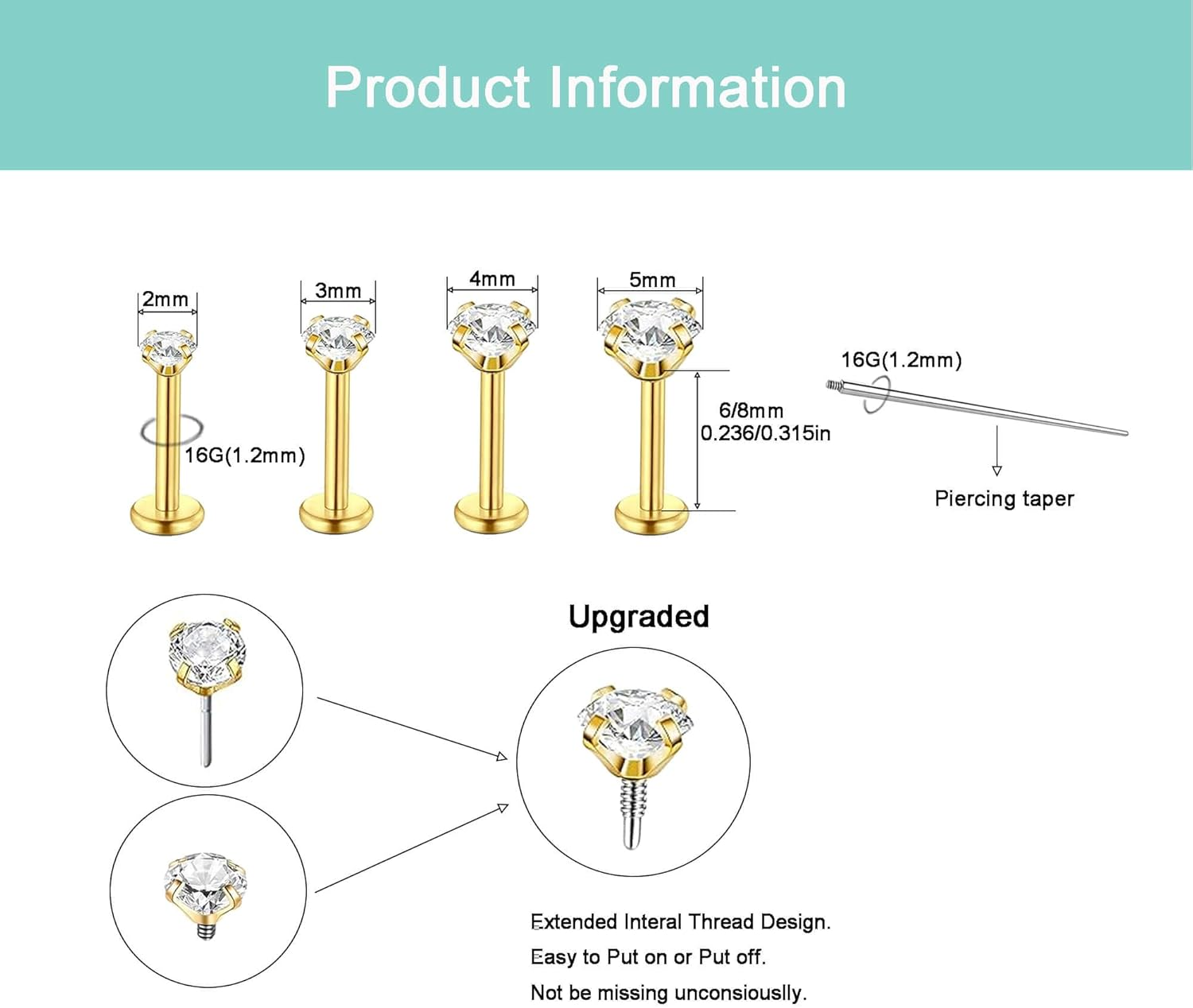 QXXPVV 16G 18G Flat Back Earrings Stud Stainless Steel Extended Internally Thread Tragus Labret Nose Cartilage Lip Medusa Conch Body Piercing Jewelry Hypoallergenic for Women Men image number 1