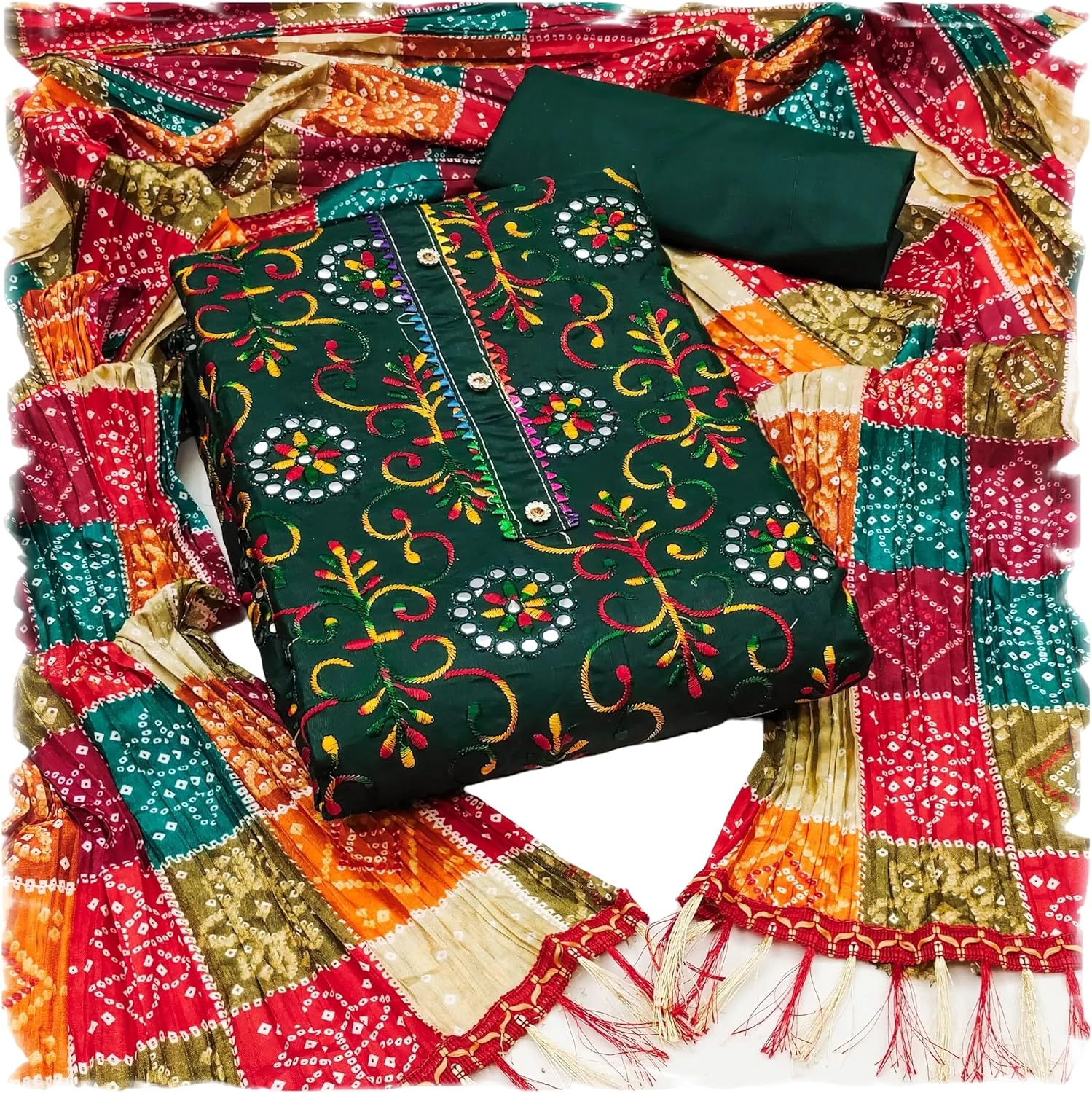 Sidhidata Women'S Poly Cotton Embroidery Work Unstitched Salwar Suit Dress Material with Bandhej/Bandhani Print Dupatta (Free Size)