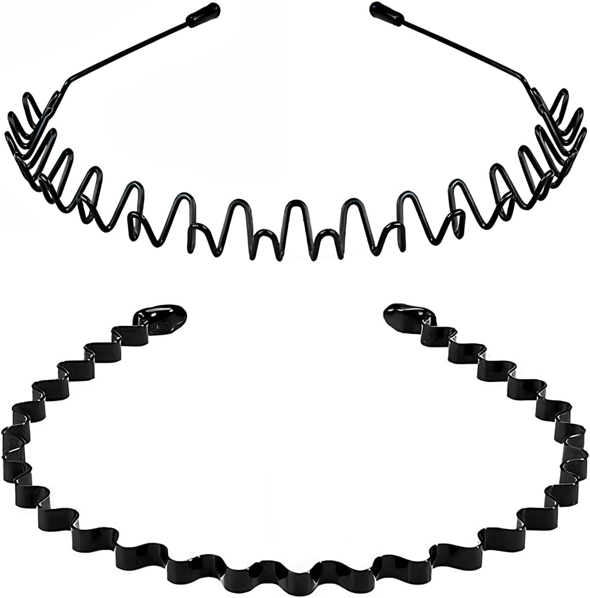 Qiifaiikooii 2 Pack Metal Hair Band for Men,Non Slip,Spring Wave Head Bands for Sports Washing Face Unisex(Black)