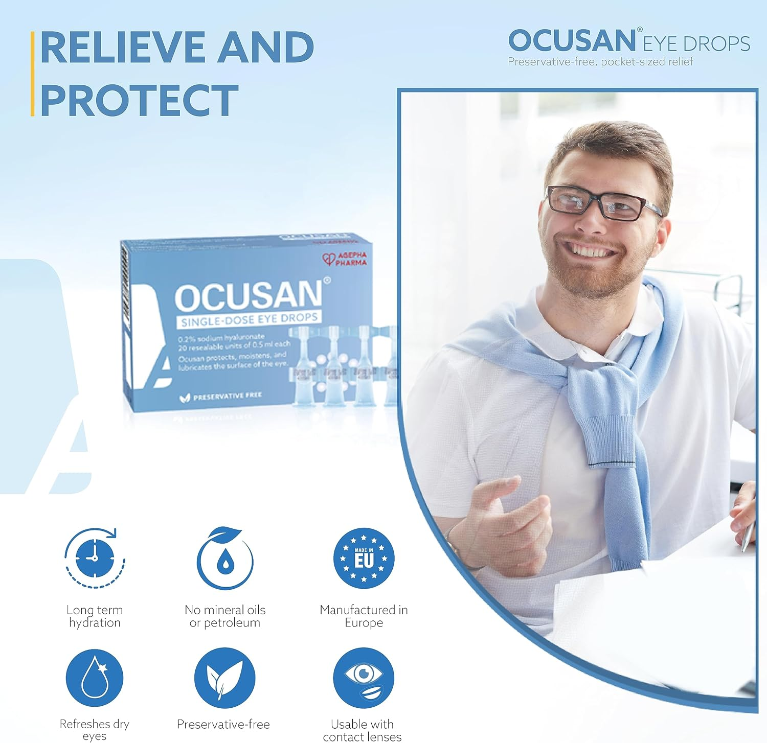 Ocusan Single Dose Eye Drops for Dry Eyes | Lubricant Eye Drops Suitable for Use with Contact Lenses | Preservative Free | Contains Hyaluronic Acid | Artificial Tears for Red, Itchy & Sore Eyes image number 2