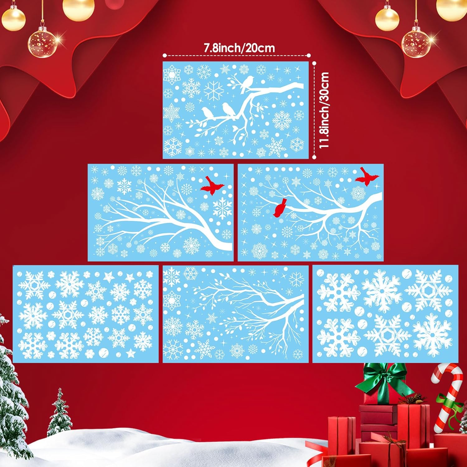249 PCS Snowflake Window Clings, Geeric Winter Decorations 6 Sheets Christmas Window Cling Stickers Snowflake Branches, Snow, Birds Stickers Removable for Xmas Home Shop Window image number 6