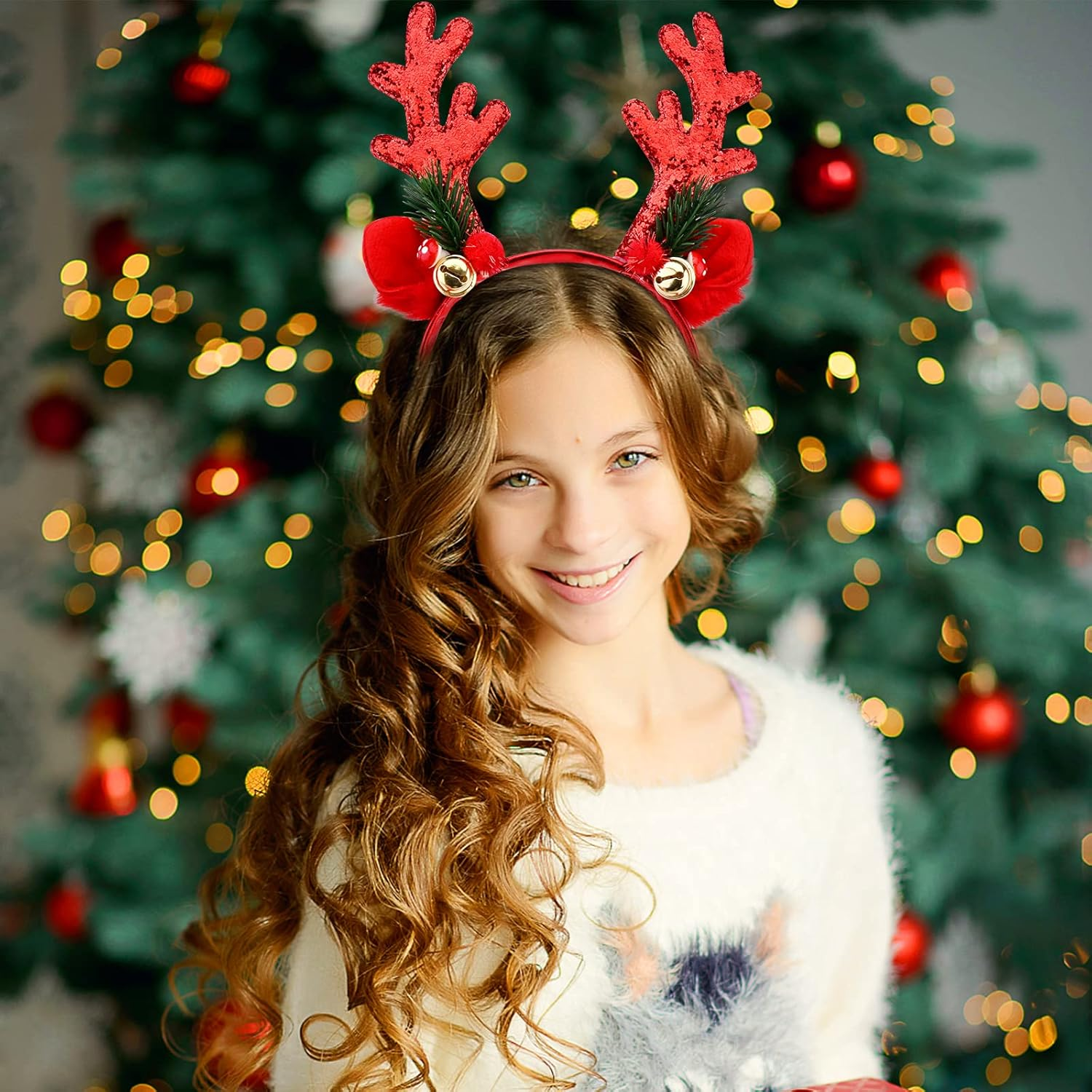 2 Pieces Christmas Headband Reindeer Antler Party Hats Xmas Hair Band Hair Hoop with Ears Christmas Head Hat Toppers Costume Headbands Photos Booth Headwear Party Decoration for Kids Adults