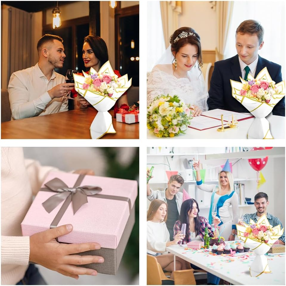 Gold Edge Wrapping Paper 20 Sheets - White Floral Gift Wrap with Golden Border for Bouquets, Wedding, Anniversary, Gift Packaging, Flower Shop - Gold Trim With Champagne image number 5