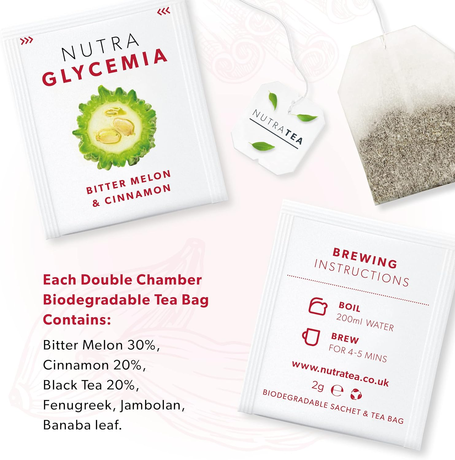NUTRAGLYCEMIA - Blood Glucose Tea | Diabetes Tea - for Blood Sugar Control & Diabetics - Includes Bitter Melon, Cinnamon & Fenugreek - 40 Enveloped Tea Bags - by Nutra Tea - Herbal Tea - (2 Pack) image number 5