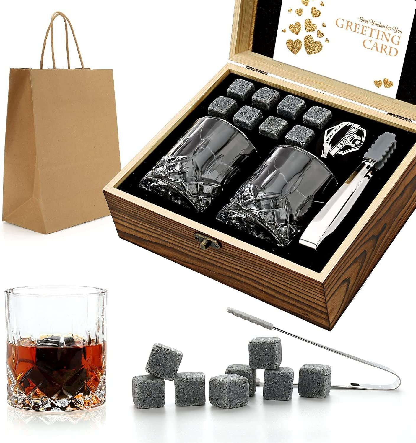 Whiskey Stones Gift Set - Whiskey Glass Set of 2 - Granite Chilling Whiskey Rocks - Scotch Bourbon Whiskey Glass Gift Box Set - Best Drinking Gifts for Men Dad Husband Birthday Party Holiday Present