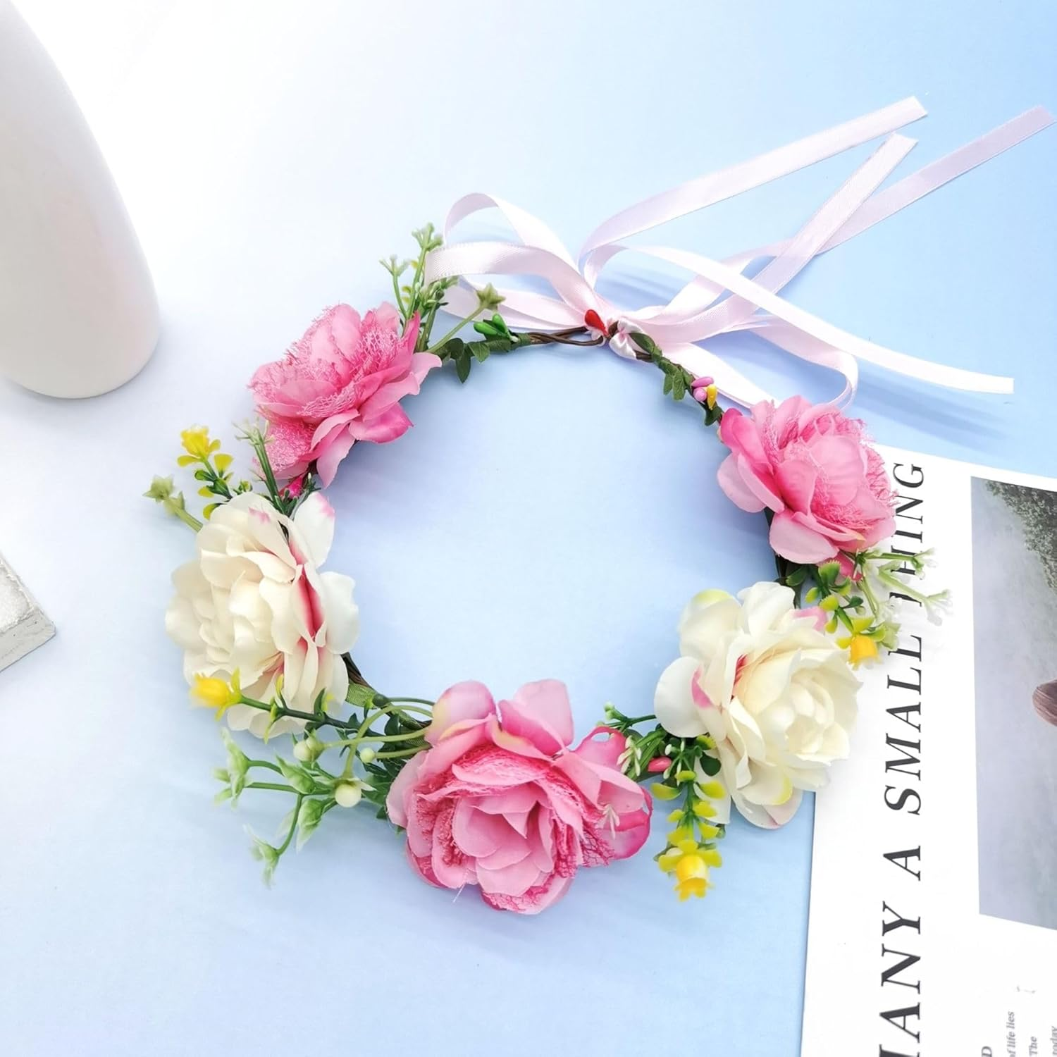 Flower Crown Headband, Delicate Flower Headband Flower Crown with Ribbon for Women Girls image number 4