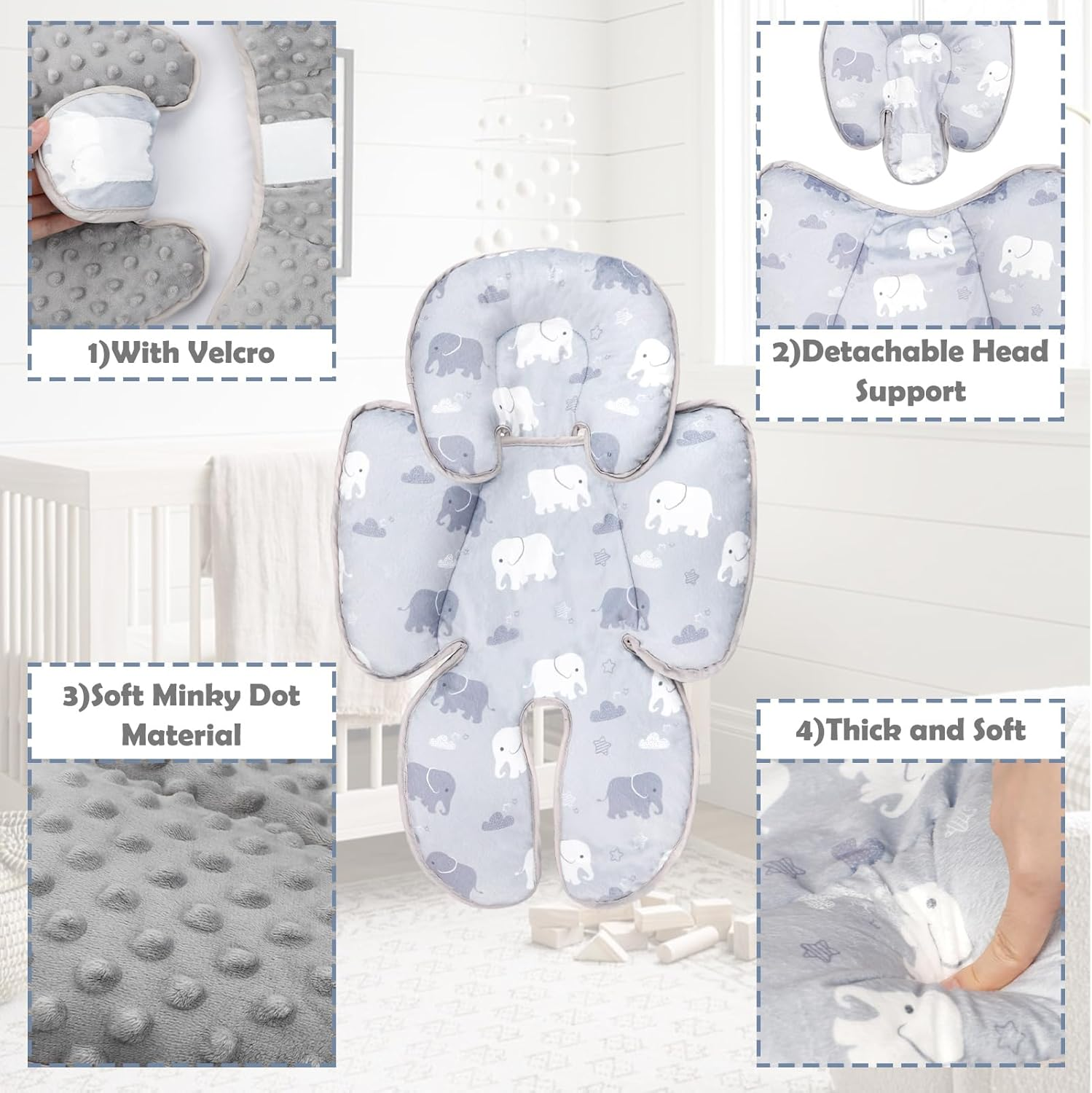 TANOFAR Infant Car Seat Head Support, Soft Baby Carseat Head & Body Support, Elephant Baby Car Seat Insert Cushion for Newborn Boys image number 3