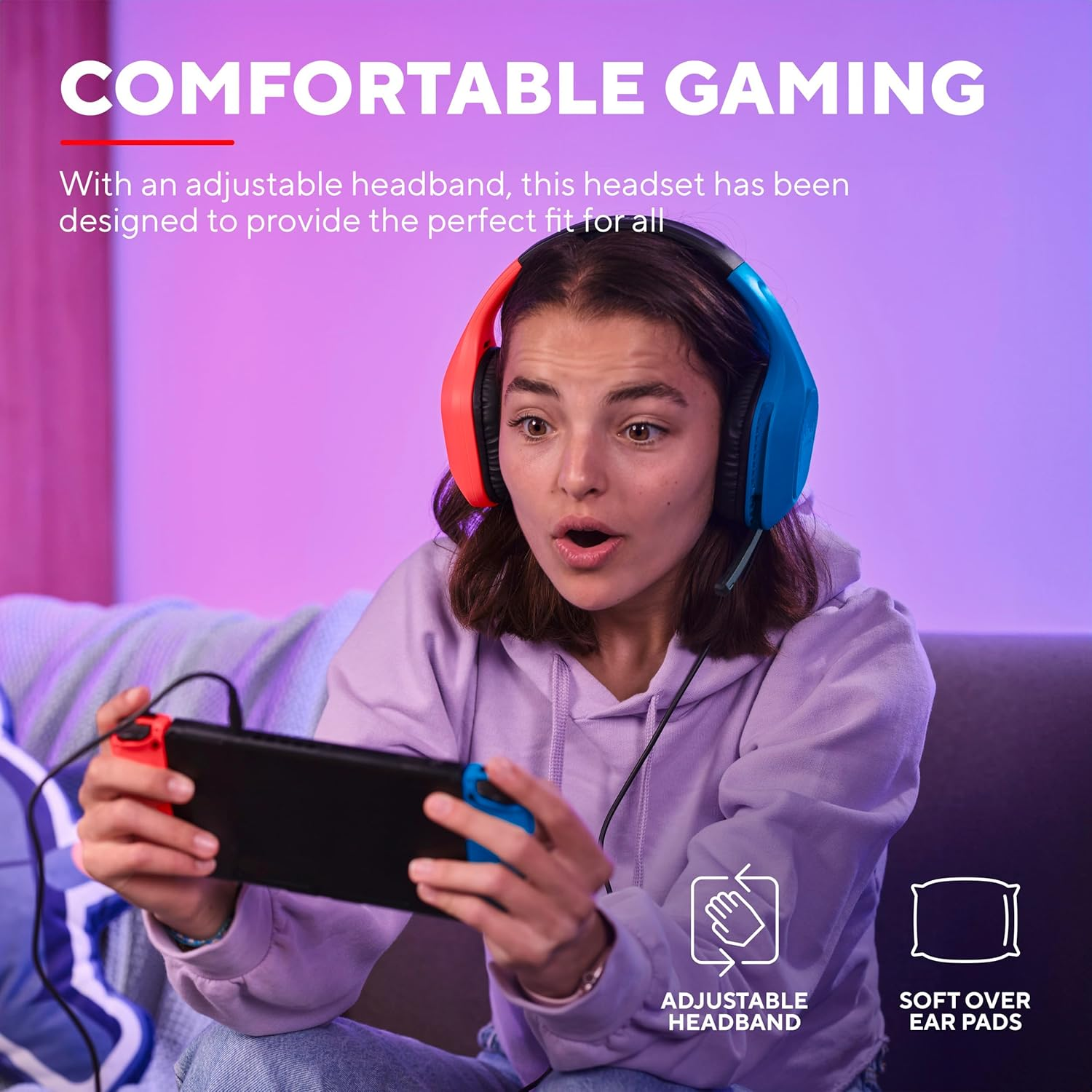 Trust Gaming GXT 416S Zirox Lightweight Gaming Headset for Nintendo Switch Consoles with 50Mm Drivers, 3.5 Mm Jack, 1.2M Cable, Foldaway Microphone, Over-Ear Wired Headphones, Blue/Red image number 6