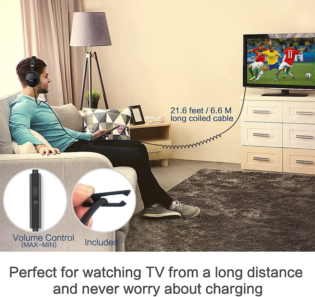 SIMOLIO Long Cord Headphones for TV and PC with Volume Control and Mic, 21.6FT/6.6M Extended Cable with Clip, RCA & 3.5Mm AUX Audio, Fold-Flat Stereo over Ear Wired TV Headphones, SM-906TV image number 5