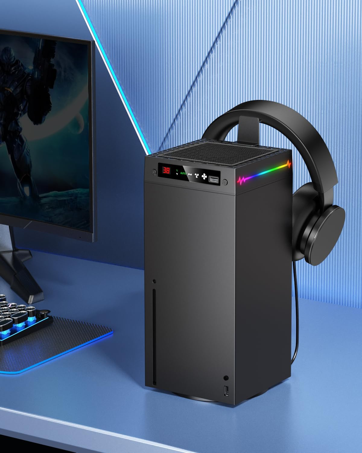 LED Display Auto Cooling Fan for Xbox Series X with 9 RGB Light Modes, Cooling System Adjustable by Temperature with 4 Gears for Xbox Series X Console, Cooler & Light Switch, Headset Hook, USB Port image number 4