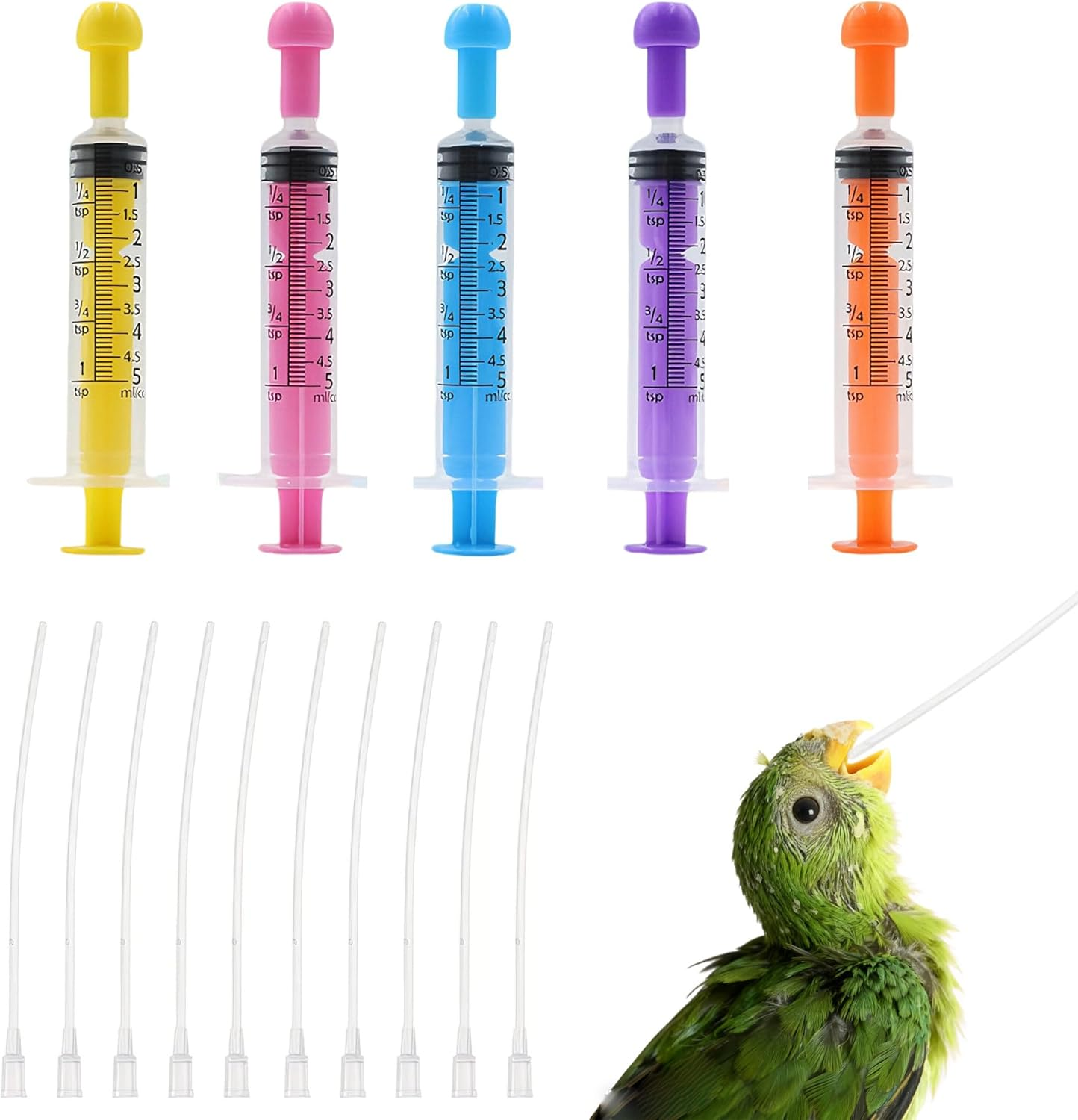 LONGHAO 5 Pieces 5 Ml Coloured Syringe with 10 Pieces Hose Set, Young Birds Feeding Syringe with Hose, Hand Feeding Tool for Parrots, Feeder Food, Pigeon Accessories (5 Colours, 5 Ml + 12 Cm)