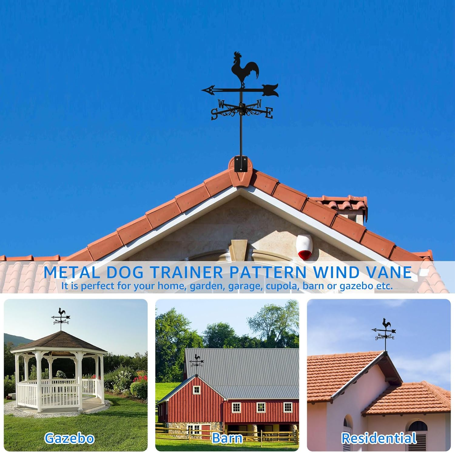 Chicken Wind Vane Rustproof Wind Direction Indicator Decorative Rooster Weathervane Black Weather Vane Large Weather Vane Ornament European Style for Patio Roof Gardens Decoration image number 4