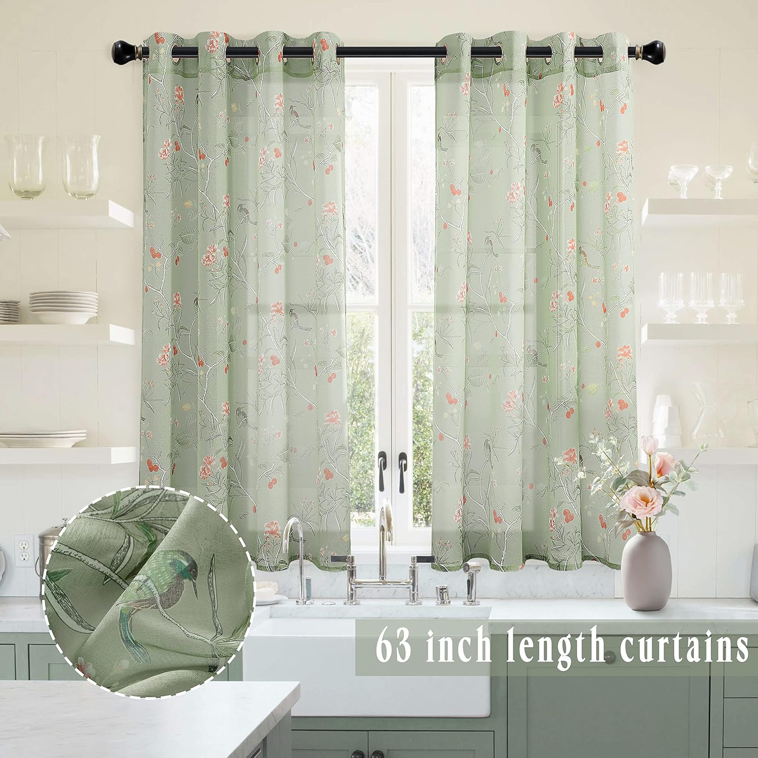 XTMYI Light Green Curtains 63 Inch Length for Bedroom 2 Panels Cute Birds Floral Pattern Rustic Cottage Core Cottagecore Sheer Decorative Kitchen Dining Room Bathroom Window, Sage Green, 52/''X63/'' image number 3