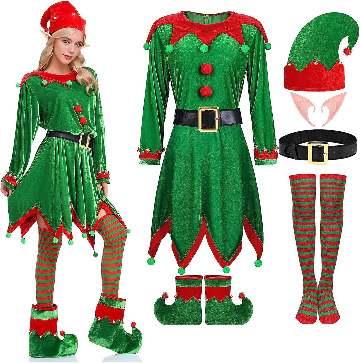 Elf Costume for Women Christmas Halloween Party Cosplay Dress 6 Packs Santa'S Helper Costume Christmas Outfit Elf Hat Shoes Ears Belt Socks image number 3