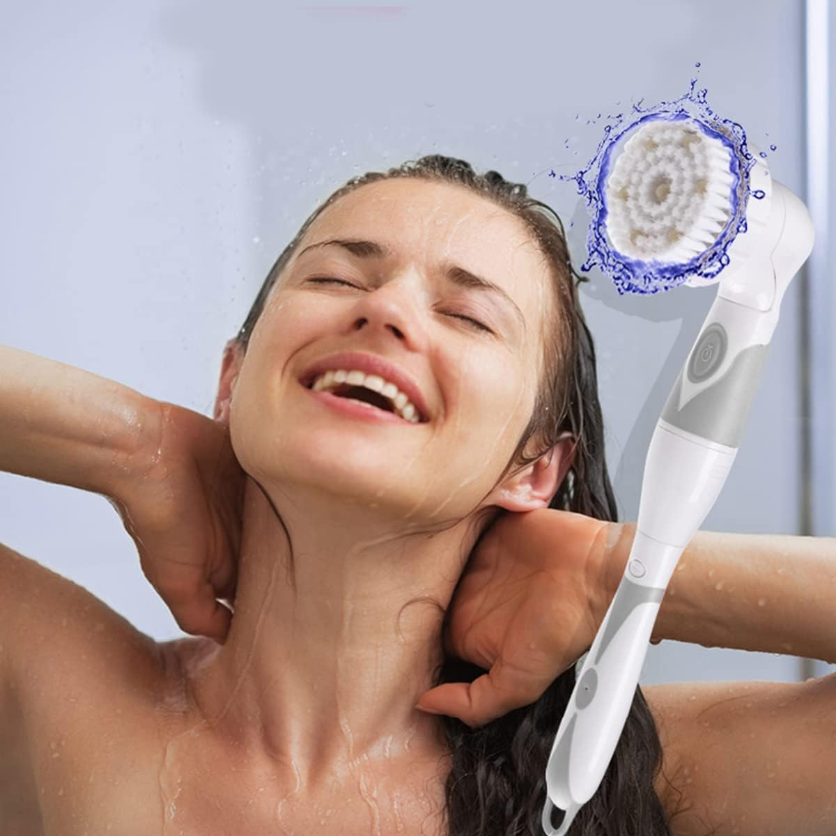 Electric Body Brush, Long Handled Body Scrubber with 4 Brush Heads, Waterproof Soft Silicone Exfoliating Spin Brush Massage Bath Brush, Battery Powered Back Shower Brush & Facial Cleansing Brush image number 4