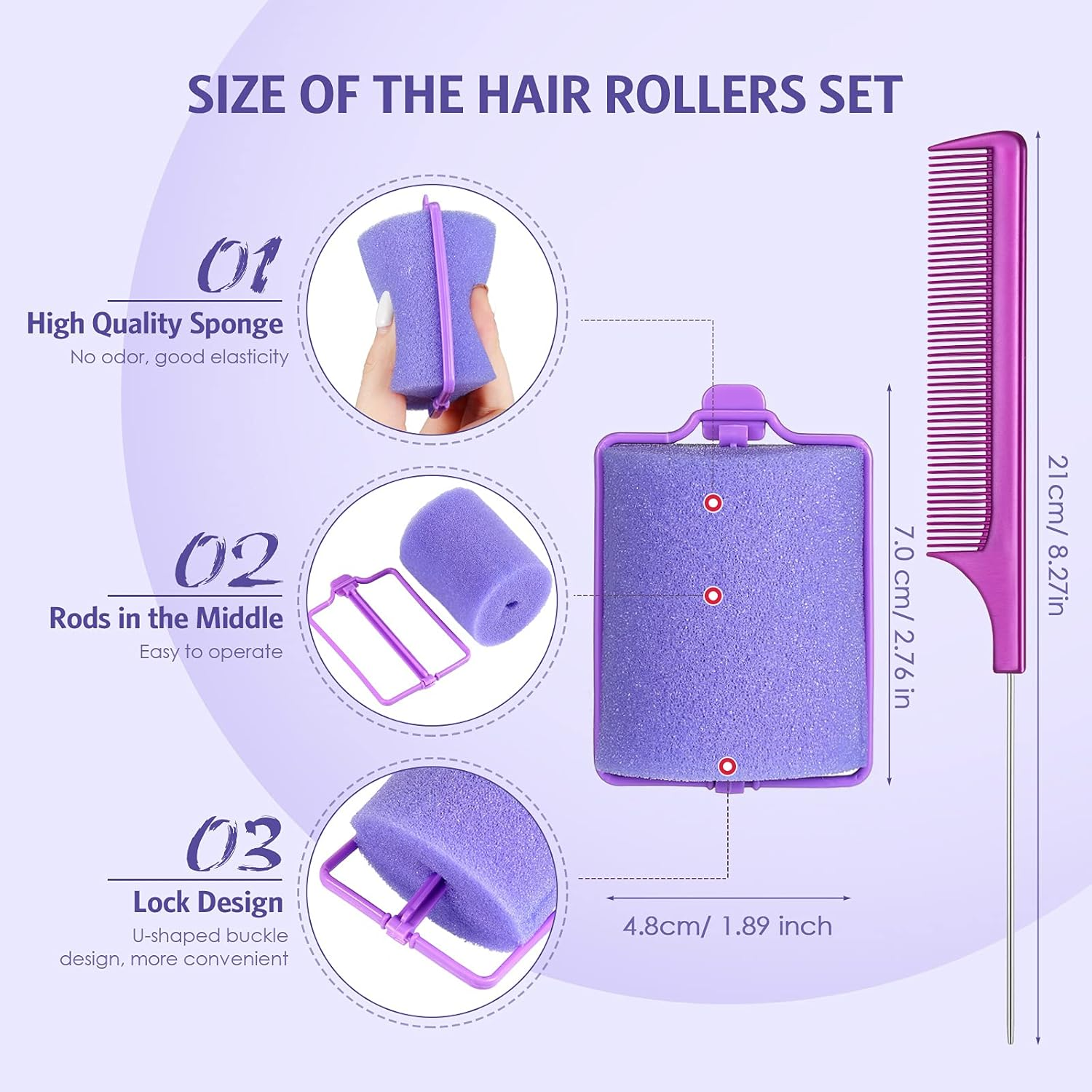 Syhood 12 Pcs Jumbo Foam Sponge Hair Rollers 1.89 Inch Soft Sleeping Curlers Flexible Large Foam Rollers and Rat Tail Comb for Hair Styling(Purple) image number 2