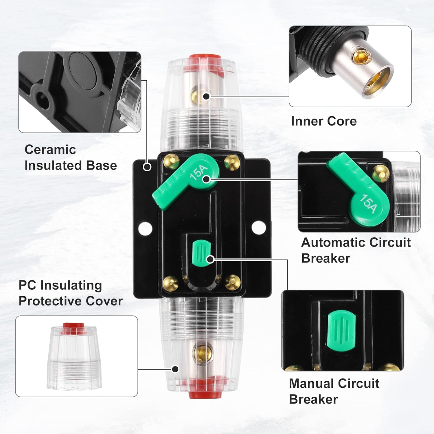 X AUTOHAUX 2 Pcs DC 12V- 48V 15Amp Car Circuit Breaker with Manual Reset Inline Fuse Holder Protector Black Green image number 2
