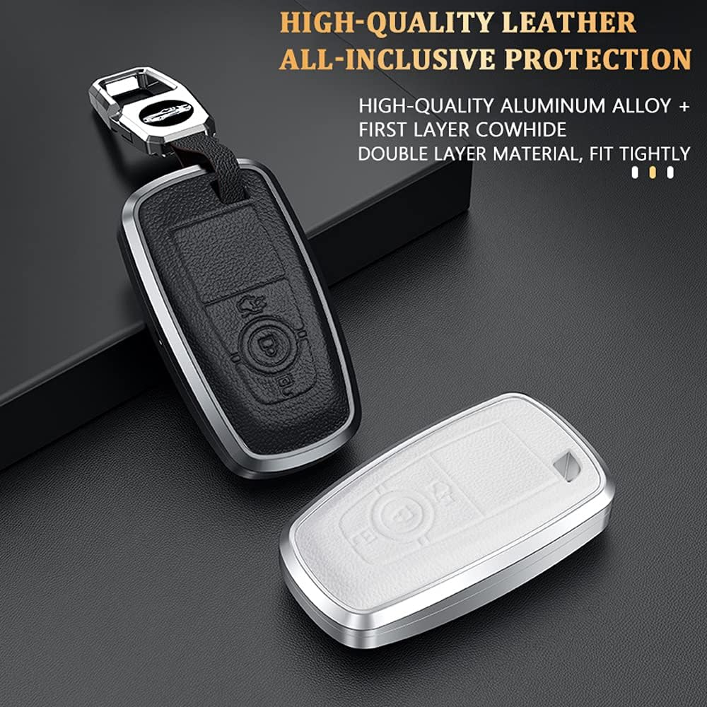 Ontto Alu Alloy Car Key Fob Cover Keyring Fit for Ford Fusion Mustang Explorer F150 F250 F350 Ranger Mondeo Leather Remote Key Case Key Holder Keychain Accessories 3 Buttons Black image number 3