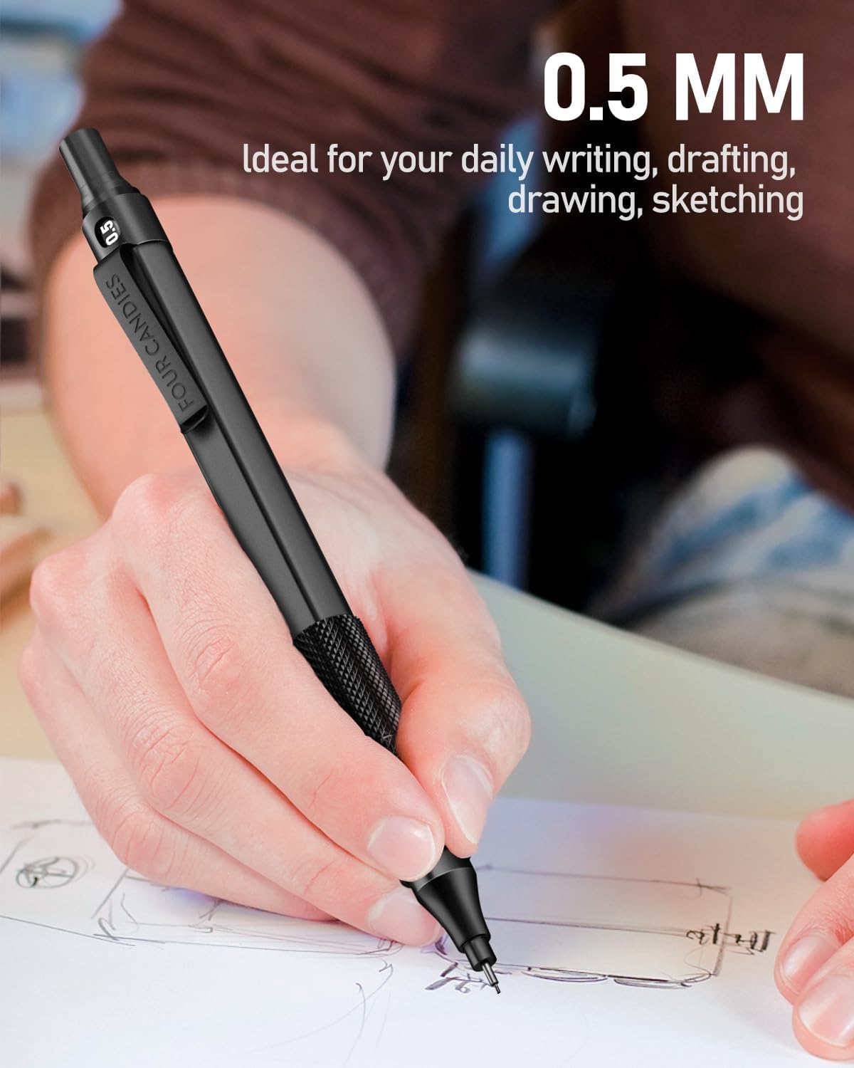 Four Candies 0.5Mm Mechanical Pencil Set with Case, 3PCS Metal Artist Lead Pencil with 8 Tubes (480PCS) HB Lead Refills, 3 Erasers, 9 Eraser Refills for Engineer Art Writing Drawing Drafting, Black image number 1