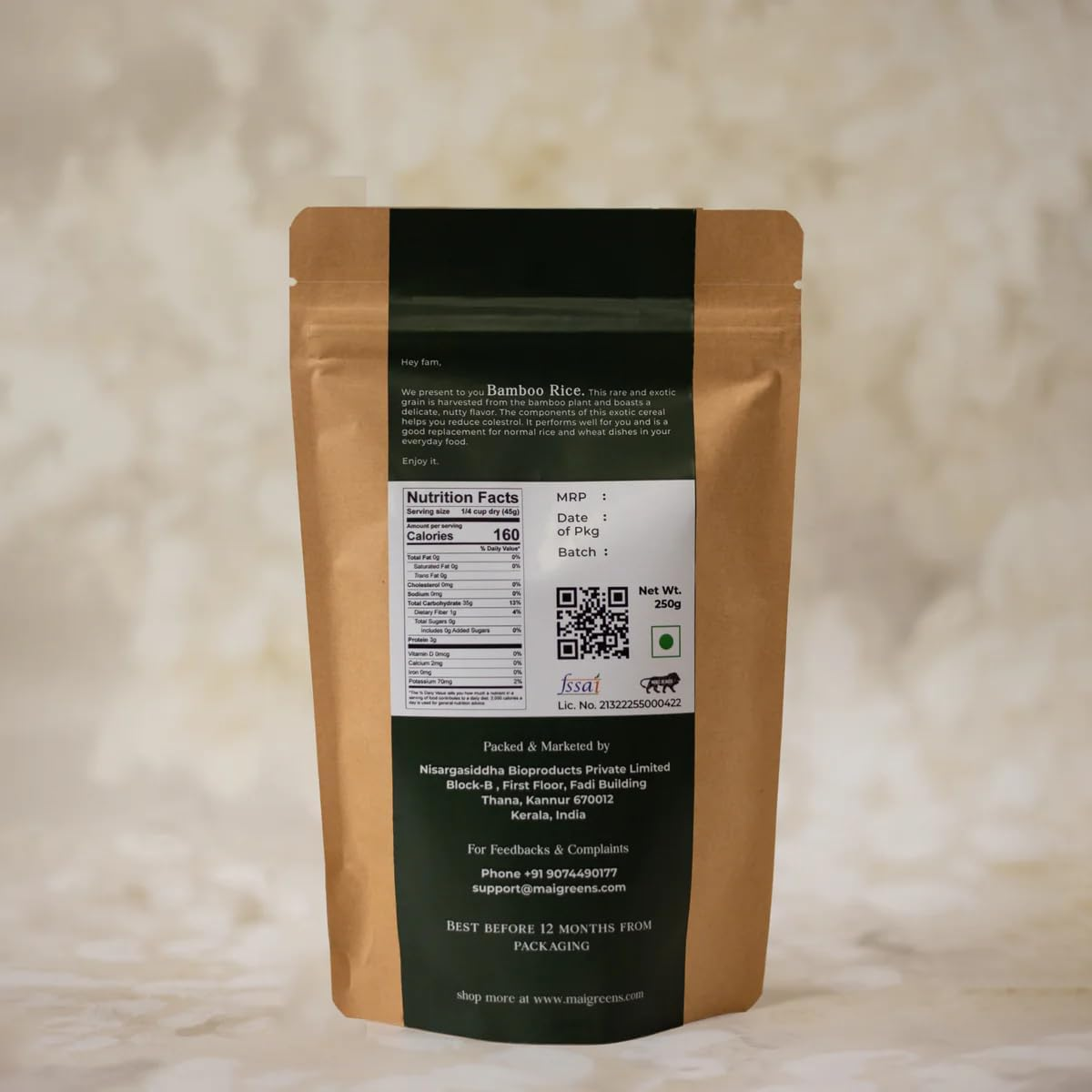 Maigreens Bamboo Rice - 250G | Kerala Wayanad Forest Wild Bamboo Rice | Mulayari | Moongil Arisi | Brown Small Grain, Raw | Unpolished image number 2