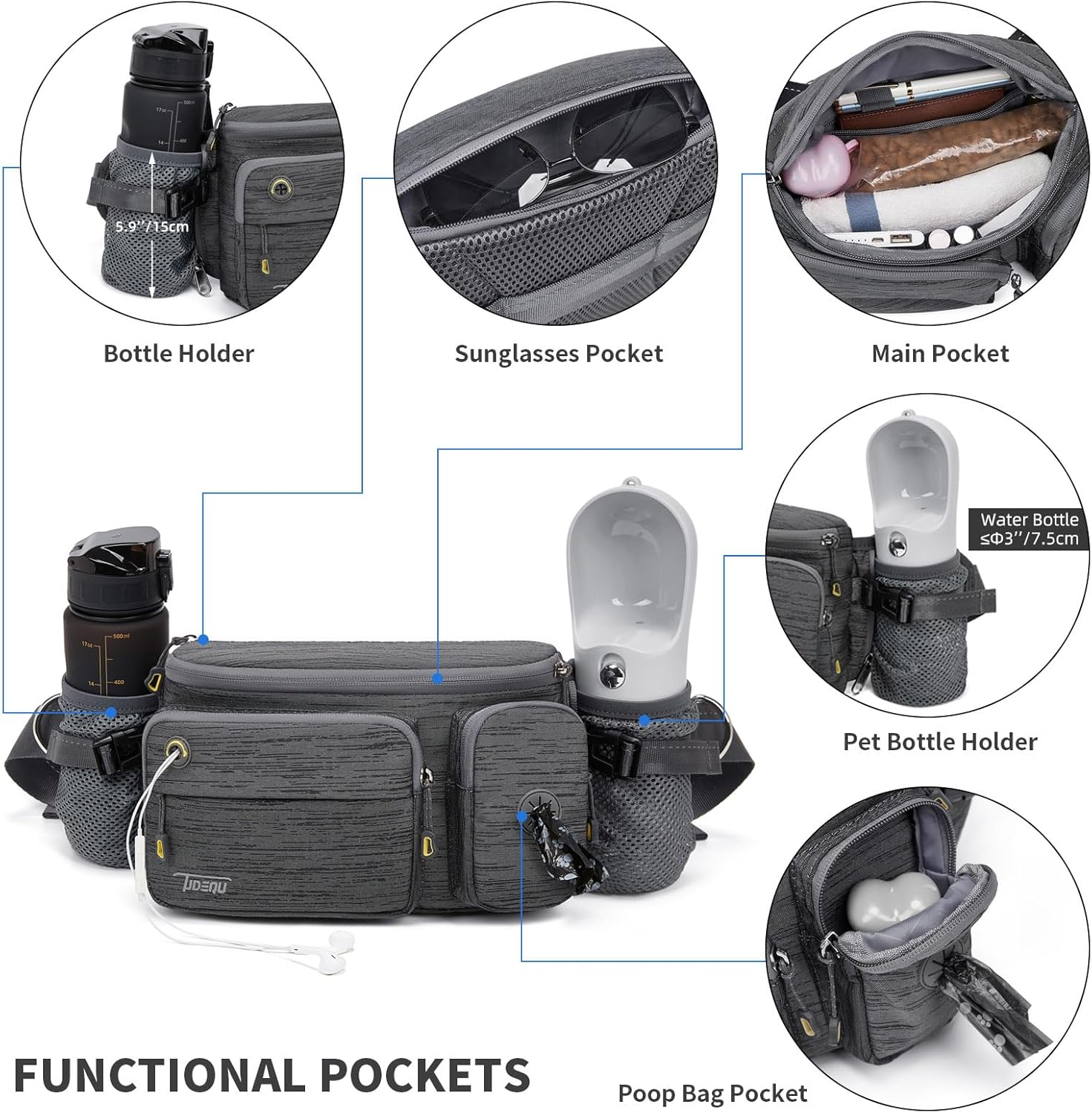 Hands Free Dog Leash for Large Dog with Large Bum Bag,Dog Walking Belt,Waist Dog Leash,Dog Hiking Belt,Dog Running Waist Belt - Grey Blue image number 5