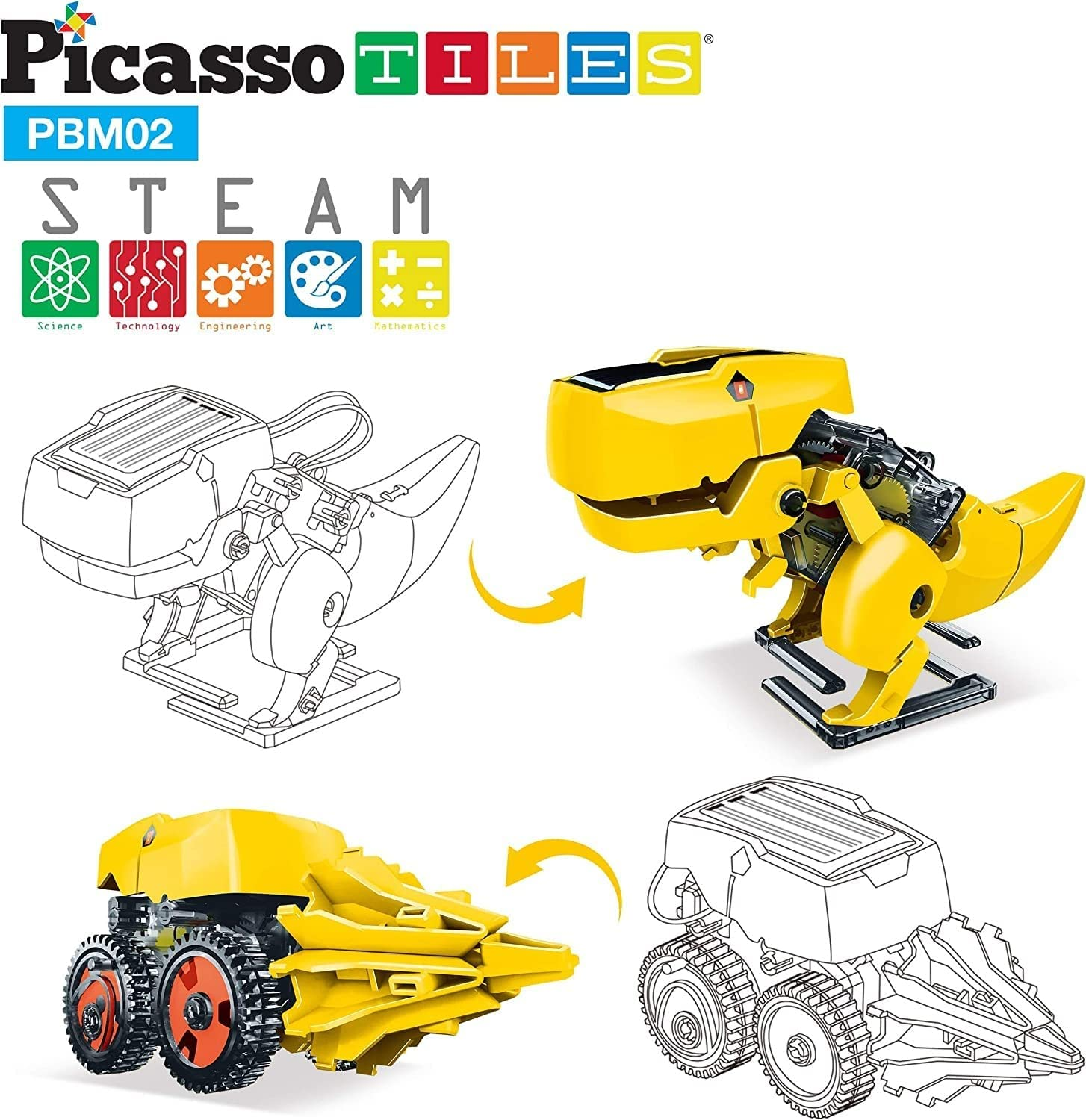 Picassotiles STEM Kids Solar Powered Dinosaur Robot Educational Learning Engineering Building Toy 3-In-1 Creative Unique Transformation Renewable Sun Energy Science Experiment DIY Kit Boy Girl Age 8+ image number 4