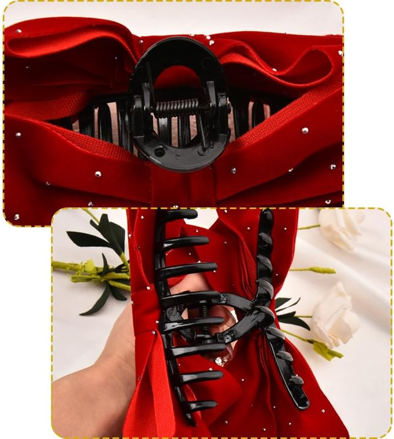 Large Bow Hair Claw Clip for Girls Velvet Red Hair Bows with Rhinestones Big Claw Clips for Thick Long Hair Bowknot Hair Accessories for Women Party Prom Jaw Clips Nonslip Hair Clamp for Styling image number 3