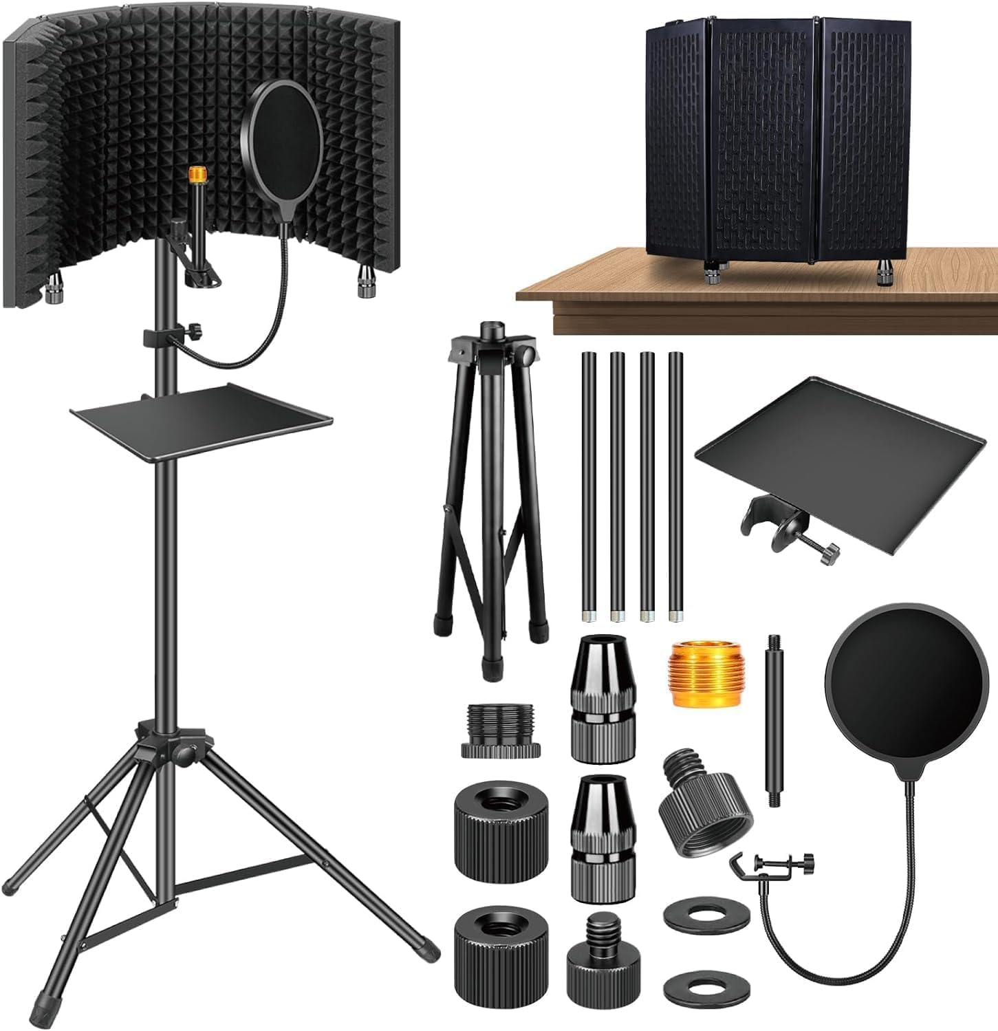 Microphone Isolation Shield with Pop Filter & Tripod Stand, Foldable Mic Shield with Triple Sound Insulation, High Density Mic Sound Shield for Recording Studio, Podcasts, Singing image number 4
