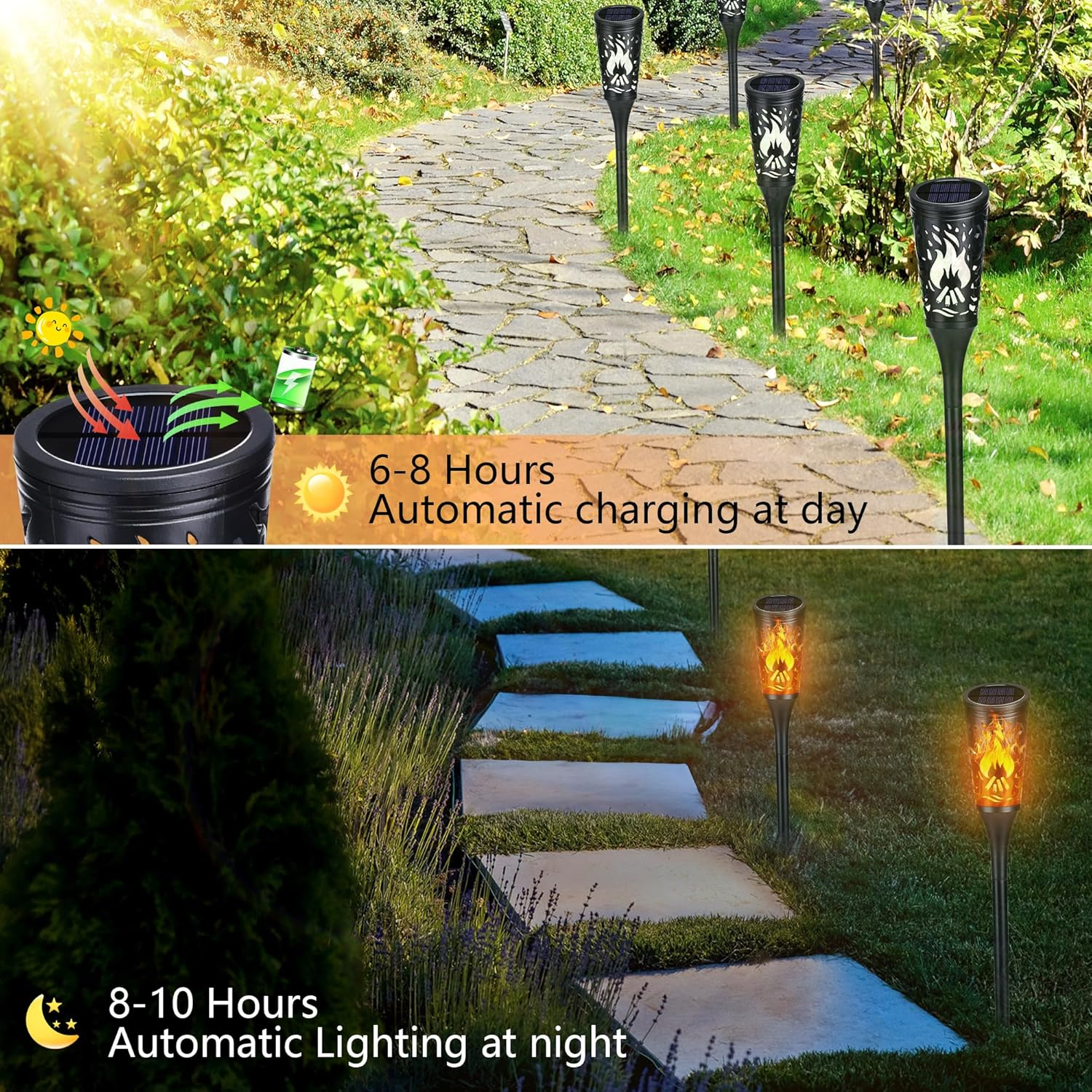 Toodour Solar Halloween Lights Outdoor, 6 Pack Solar Torch Lights with Flickering Flame, IP65 Waterproof Yard Landscape Decoration Outdoor Light for Garden Pathway Lawn Patio Halloween Decor image number 3