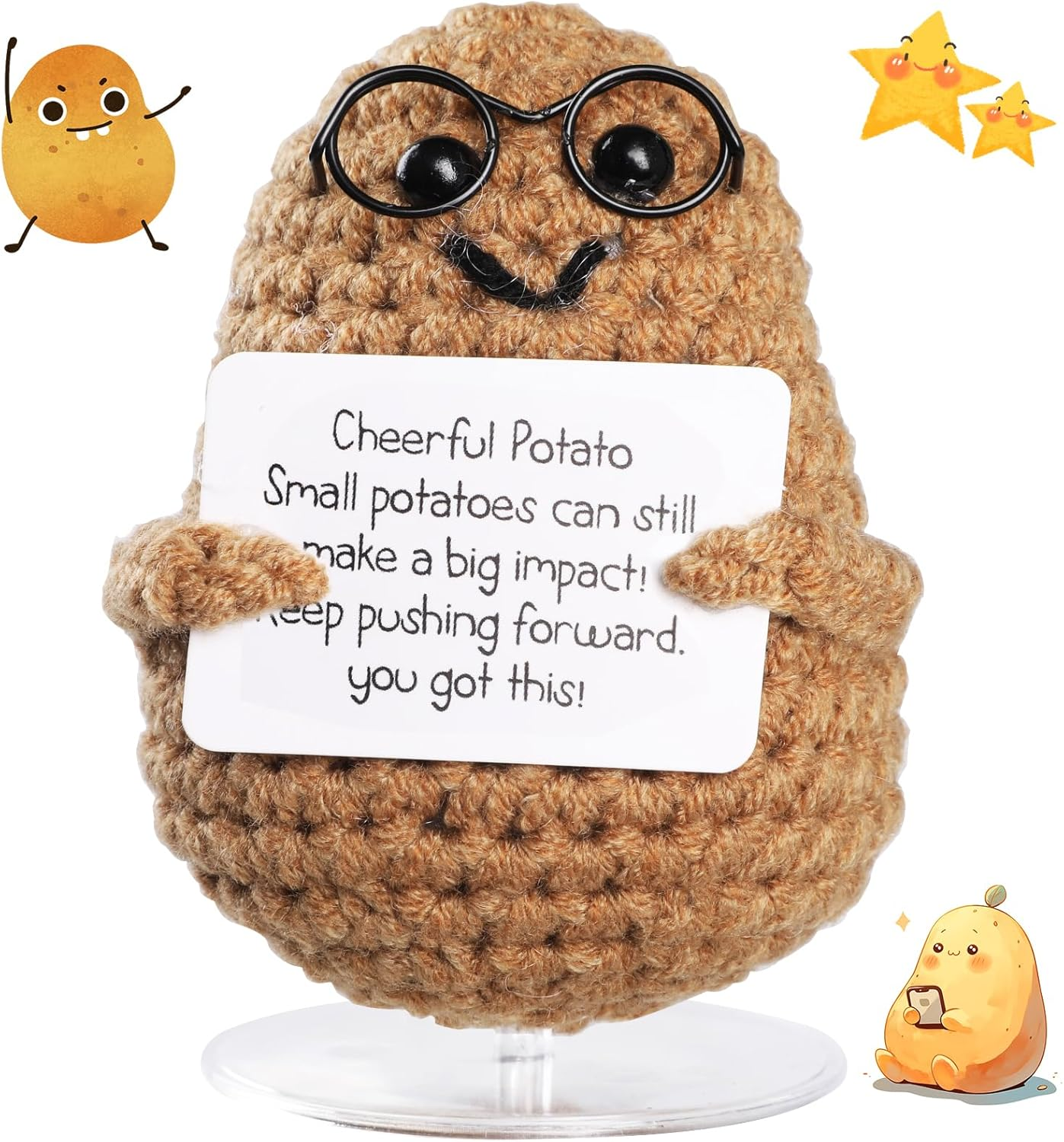 Positive Potato,Geeric Mini Funny Positive Potato+Base Knitted Ornaments Doll Handmade Decoration Positive Card Inspirational Potato Gifts Creative for Christmas New Year School Souvenirs Party Decor image number 3