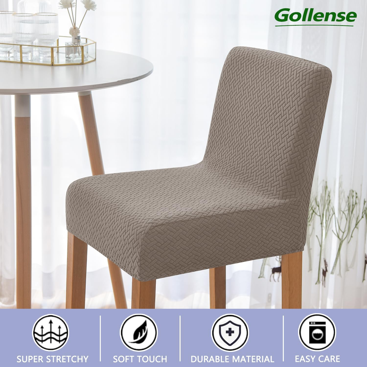 Gollense Bar Stool Covers Set of 4 Stretch Jacquard Barstool Slipcovers Washable Dining Chair Seat Covers with Back Removable Pub Counter Tall Chair Protectors for Kitchen Island Chairs (Khaki) - Beige image number 4