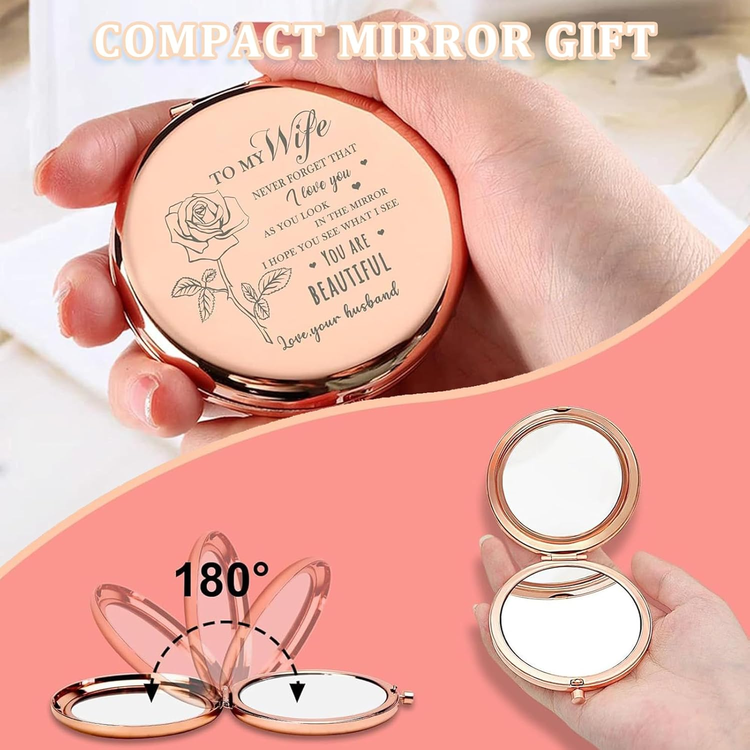 Checkzed Souvenir for Wife - Gold Compact Mirror, Romantic Souvenir for Your Lover, Birthday, Valentines Day, Mothers Day, Travel Makeup Mirror, Unique Souvenirw for Her (For Wife) image number 1