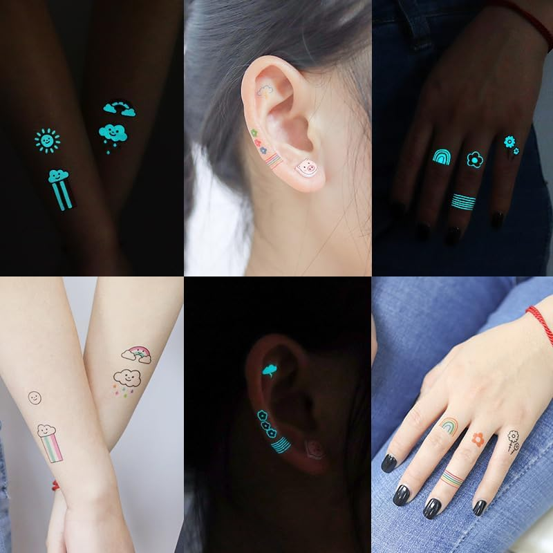 12 Sheets Glow in the Dark Tattoos Sticker Waterproof - Temporary Tattoos - Minimalist Cool Gothic Design - Makeup Body Art Tattoo Sticker Pack for Adults Kids - 10.5X6Cm - Steadyink&reg;