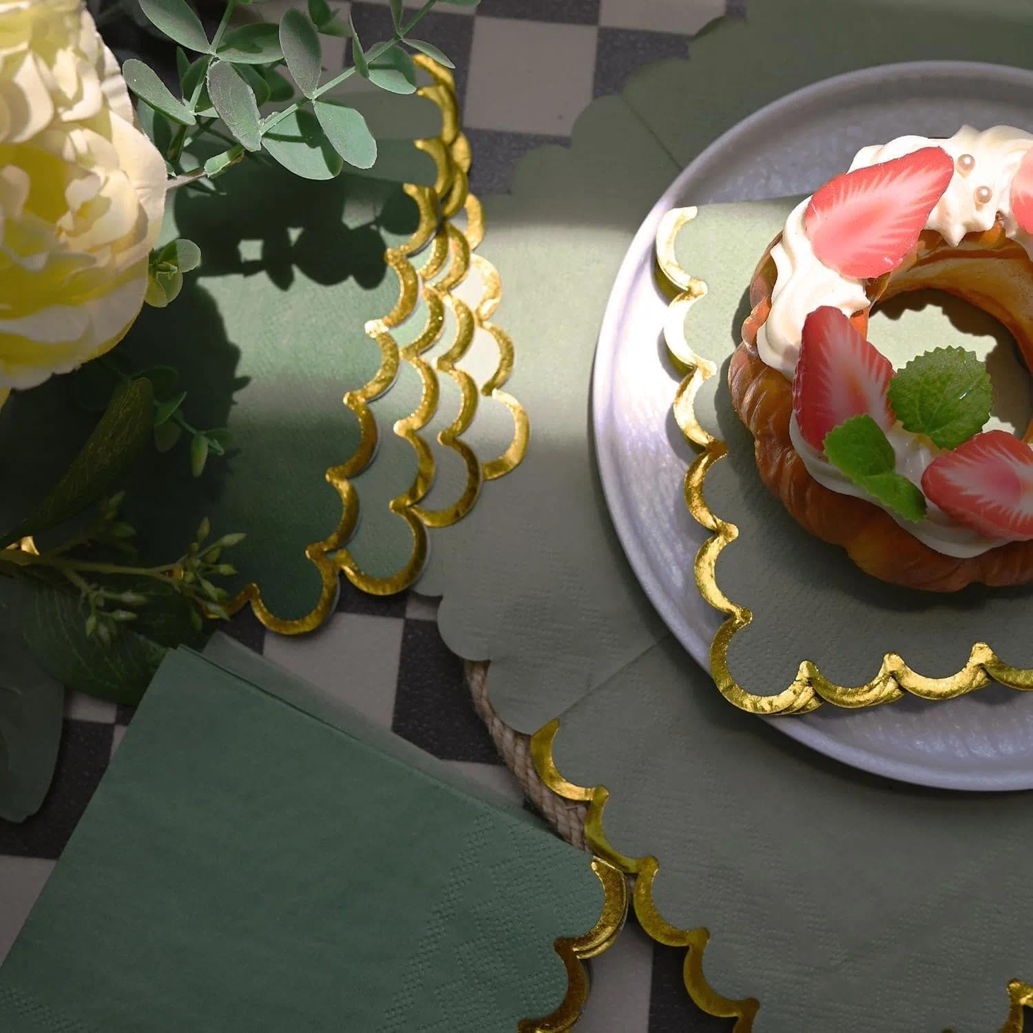 100 Pack Green Cocktail Napkins with Gold Foil Accents Scalloped Edges 5 X 5 Inch Beverage Disposable Napkin Party Decoration Wedding Bridal and Baby Shower Dinner Lunch Supplies image number 6