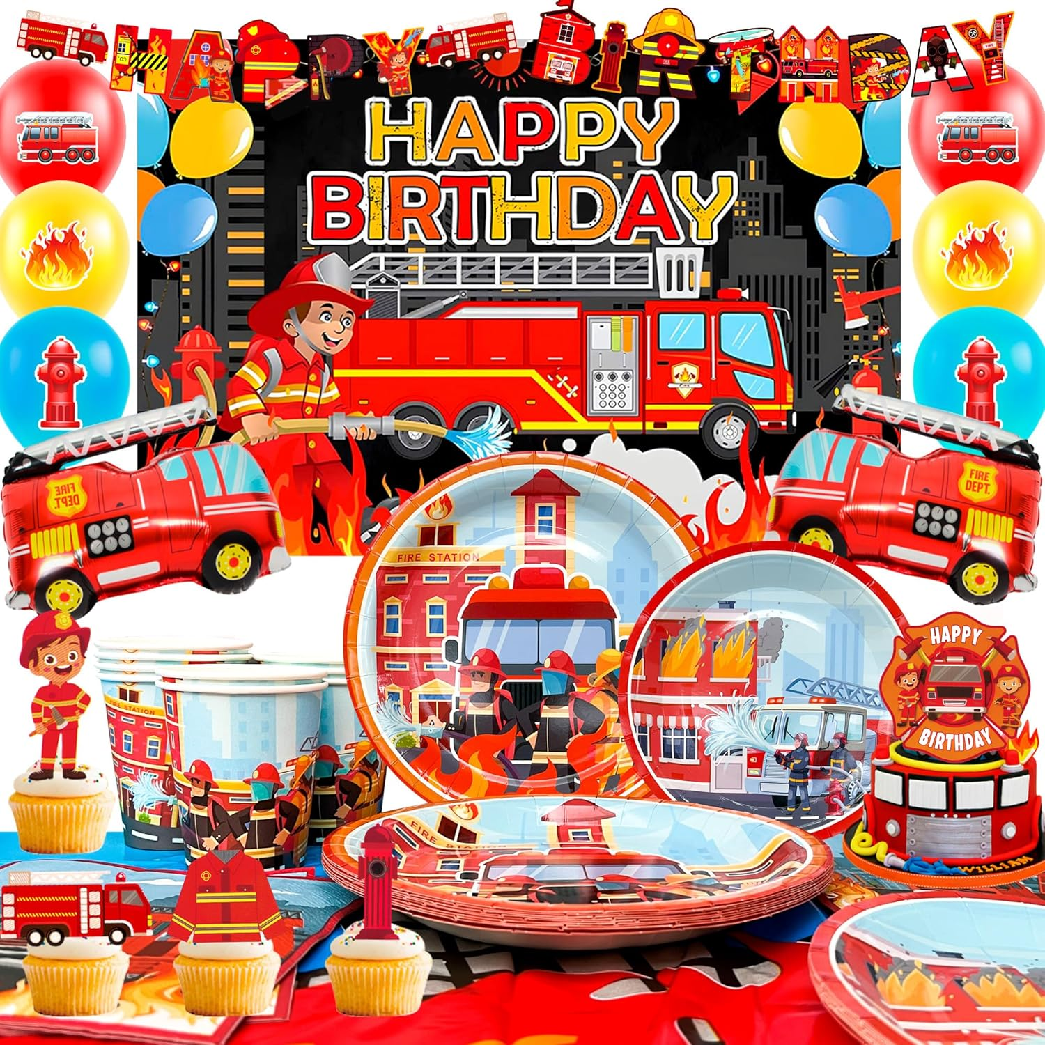 Fire Truck Birthday Party Supplies, Firetruck Birthday Decorations Tableware Set Fire Truck Party Plates Cups Napkins Firefighter Themed Balloon Backdrop Etc Fire Truck Party Supplies