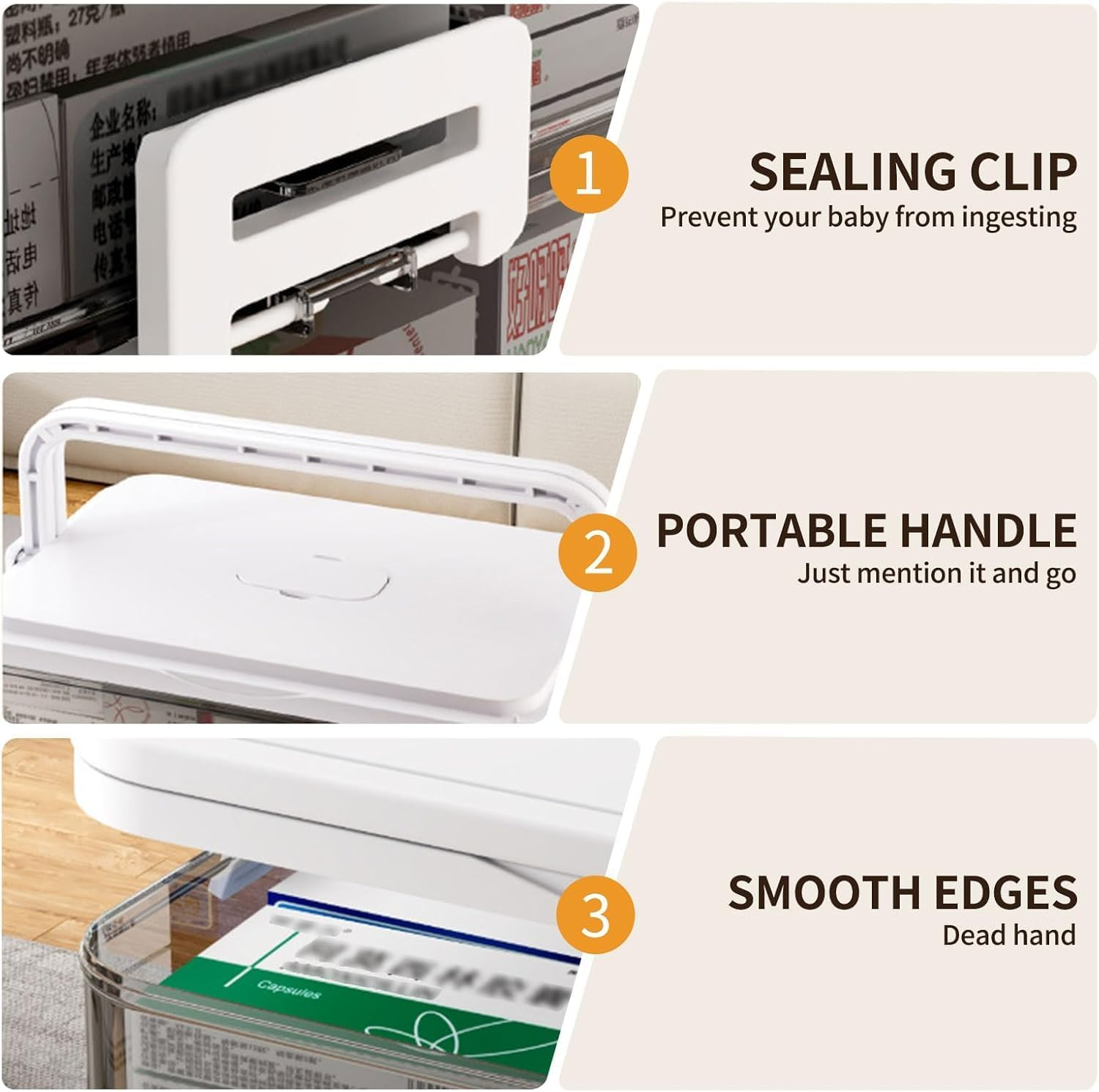 Medicine Storage Box 3-Tier Portable PP First Aid Storage Box with Sealing Buckle & Dual Trays Partitioned Medicine Box Organizer Storage for Family, Office and Travel, White image number 3