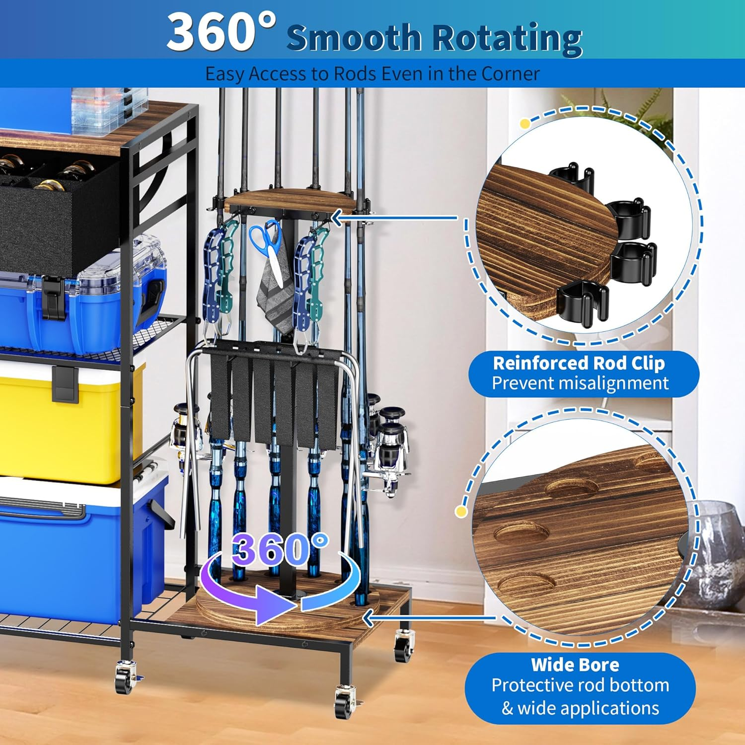 Fishing Rod Holders for Garage, 360&deg;Rotating Fishing Pole Holders, Fishing Rod Rack Cart Holds up to 12 Rods, Fishing Rod Storage Stand Equipment Organizerfor Men image number 1