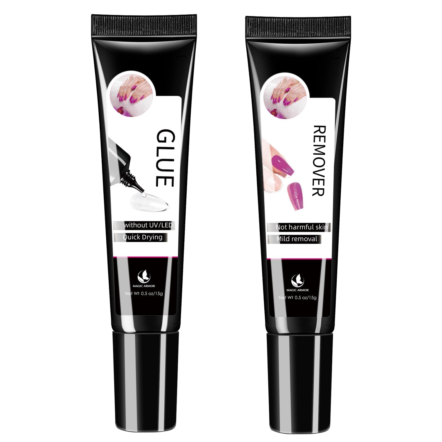 MAGIC ARMOR Semi Solid Nail Glue & Nail Glue Remover - No UV Needed, Quick Dry, Strong Adhesive for Press on & Acrylic Nails (15G Glue, 15G Remover)