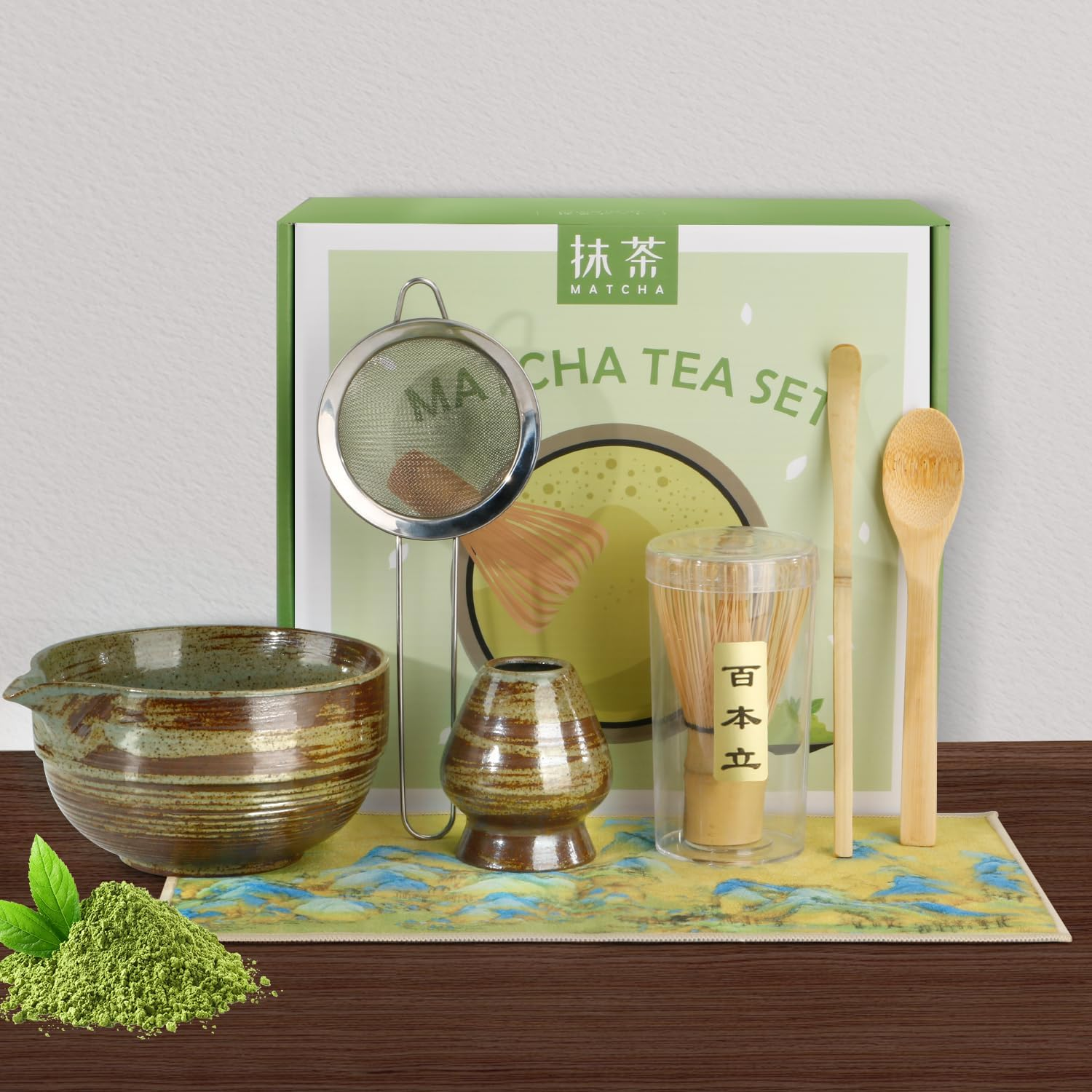 Matcha Whisk Set 7 Pcs- Japanese Traditional Tea Ceremony, Match Bowl with Spout, Whisk, Bamboo Scoop&times;2, Whisk Holder, Tea Cloth, Matcha Whisk Set Matcha Green Tea Making Kit (Classical Green) image number 3